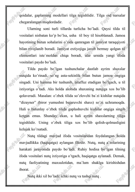 utq ixtiyoriga o’tgach, ulardan cheksiz miqdorda gaplar tuzish mumkin. nutq jamoadagi yolg’iz kishi tomonidan yaratiladi va alohida shaxs va kishilarga qaratilgan bo’ladi. demak, nutq ijtimoiy hodisadir. u jamoadagi kishilarni birlashtirish, ma`lum maqsad sari yo’naltirish imkoniyatiga ega. jamiyat taraqqiyotida nutq belgilovchi o’rin tutadi. til madaniyati va nutq madaniyati. til madaniyati deyilganda ana shu tildagi ifoda vositalarining ongli aralashish natijasida hamma tushunadigan va qo’llay oladigan darajaga keltirilganligi, ma`lum davr uchun mosligi, ishlatilish qonun va qoidalari, me`yorlarining qay darajada aniq va mukammal ishlanganligi, sayqal topganligi tushuniladi. boshqacha aytganda, til madaniyati deganda, til birliklari va ular imkoniyatlari taraqqiyotining, ular o’rtasidagi munosabatlar hamda shu munosabatlarni ta`minlovchi qonun-qoidalarning ishlanish darajasi tushuniladi. t.qudratov bu haqda shunday deydi: “tilning madaniyati deyilganda, uning so’z boyligi, sintaksisining taraqqiyoti va boyish darajasi, so’z ma`nolarining o’tkirligi, nutqiy ohangning rang-barangligi tushuniladi. nutq madaniyati, uning aloqaviy fazilatlari yig’indisi va tizimi bo’lib, ular til madaniyati, til faoliyatida qiynalmaslik, matnning mazmuniy vazifasi va imkoniyati kabi har …