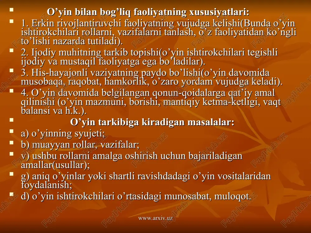 a mo’ljallangan didaktik o’yinlardir. www.arxiv.uz www.arxiv.uz ishbilarmonlar o’yinini uyushtirishda quyidagi vazifalarni bosqichma-bosqich amalga oshirish zarur: 1. o’yin mavzusini oldindan belgilashi. 2. didaktik o’yinning maqsadi, vazifalari, borishi, mantiqiy ketma-ketligi, o’quvchi(talaba)lar bajarishi lozim bo’lgan topshiriqlarni aniqlash va rejalashtirish. 3. didaktik o’yin davomida o’quvchi(talaba)lar oldiga qo’yiladigan muammoli vaziyatlar tizimini vujudga keltirish yo’llarini aniqlash va loyihalash. 4. o’quvchi(talaba)larni didaktik o’yinning maqsadi va vazifalari bilan tanishtirish, didaktik o’yin talab etadigan vazifalarni taqsimlash, ularning har biriga aniq yo’llanma berish. 5. mazkur o’quv-bilshga oid muammoli vaziyatlarni hal etishda o’quvchi(talaba)larning avvalgi mavzulardan o’zlashtirgan bilim, ko’nikma va malakalarini tanish, odatiy va yangi kutilmagan vaziyatlarda qo’llanish imkoniyatlarini aniqlash. 6. o’quvchi(talaba)larning didaktik o’yinga tayyorgarlik faoliyatini kuzatish va nazorat qilish. www.arxiv.uz www.arxiv.uz o’quvchi(talaba)larning o’yinga tayyorgarlik ko’rishda quyidagi masalalarni bilishi taqozo etiladi: didaktik o’yinning maqsadi, vazifasi, olib borilish tartibi, qoidalari bilan tanishishi. didaktik o’yin maqsadi va vazifasidan kelib chiqadigan muammoli vaziyatni aniqlashi. muammoli vaziyatdan chiqishning samarali yo’llarini topishi. har bir o’quvchi(talaba) o’zi bajarishi …