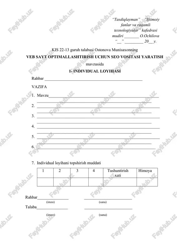 tashrif buyuruvchilar, mijozlar va foydalanuvchilarga olib keladi. o‘zbekiston sharoitida ham elektron tijorat, onlayn xizmatlar va raqamli platformalarning ko‘payib borayotgani sababli, seo vositalariga ehtiyoj ortib bormoqda. mazkur kurs ishida veb saytlar uchun qulay, avtomatlashtirilgan va foydalanuvchiga qulay seo tahlil vositasi yaratish yo‘llari o‘rganiladi. bunday vosita yordamida saytning texnik holati, meta ma’lumotlari, kalit so‘zlar, yuklanish tezligi kabi ko‘rsatkichlari avtomatik tahlil qilinadi va foydalanuvchiga tavsiyalar beriladi. tadqiqotning maqsadi: veb sayt optimallashtirish uchun zamonaviy va funksional seo vositasi ishlab chiqish, uning asosiy texnik imkoniyatlarini aniqlash va prototipini yaratish. tadqiqotning vazifalari: · seo asoslarini o‘rganish va ularning veb saytlar uchun ahamiyatini aniqlash; · mavjud seo vositalarini tahlil qilish; · texnik jihatdan seo vositasi yaratish uchun zarur texnologiyalarni tanlash; · seo vositasining modullari va funksiyalarini ishlab chiqish; · foydalanuvchiga qulay interfeys ishlab chiqish. tadqiqot predmeti: seo vositasi orqali sayt holatini avtomatik tahlil qilish va foydalanuvchiga tavsiyalar berish imkonini beruvchi dasturiy yechim. ushbu kurs ishi nafaqat nazariy …