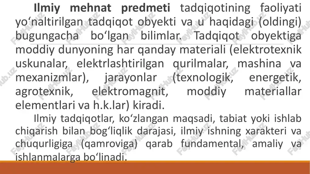 talari, hamda turdosh sohalardagi tadqiqot natijalari haqida ma’lumotlar yig‘ish va tahlil etish kabi muhim ilmlar kiradi. "| dimy mmuanmmeo muammoni — mavyj ud qo wish +—— mmmuammolar ee 7 gipotezaga birlamchi dastlabki o°'eparlirish ipoterza | eksperimernt kiritish ip si nwavarly . ; tadqiget ()o°shimcha “i analiz va ma” lumeot | solishtirish eksperiment natijalari (tajriba, smow) mulosa va tavsiyalar co"slashtinsh 2.2-rasm. dtiomiyvy tadqigot strukturasi. ilmiy muammoni (masalani) yechishning birlamchi gipotezasini ilgari surish va asoslash aksariyat hollarda ilmiy tadqiqotning birinchi bosqichida belgilangan ilmiy masalalar va tadqiqot mavzusiga oid to‘plangan axborotlarning tahlili asosida shakllantiriladi. muammoni yoki ilmiy masalani yechishga erishish bo‘yicha shakllantirilgan bir necha birlamchi gipotezalar orasida eng maqbuli tanlab olinadi. birlamchi ilmiy gipotezani ishonchliligini aniqlash maqsadida ayrim hollarda birlamchi ekspertiza, ya’ni tajribalar o‘tkazish zaruriyati ham tug‘iladi. ilmiy tadqiqotlarning nazariy izlanishlar bosqichida fundamental fanlardan olingan qonuniyatlarning tadqiqot obyektiga bog‘lab analiz va sintez qilish va shuningdek, matematik apparatlardan, nazariy elektrotexnika va boshqa nazariy bilimlardan …