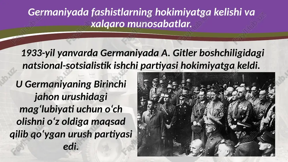 ish to‘g‘ risidagi paktni imzoladi. ikkinchi jahon urushi tugadi. nyurnberg va tokio sud jarayonlari. germaniyaning nyurnberg shahrida 1945-yil noyabrdan 1946-yil oktabrgacha fashist rahbarlari ustidan sud jarayoni bo‘lib o‘tdi. unda germaniyaning asosiy siyosiy va har biy rahbarlari jazoga hukm ilindi. fashist jinoyatchilari nyurnberg sud jarayonida. savol va topshiriqlar 1. fashistlar germaniyasining tor-mor qilinishida dunyo davlatlarining o‘rni qanday? 2. sssrning yaponiyaga qarshi urushga qo‘shilishi ikkinchi jahon urushining yakunlanishida qanday rol o‘ynadi? xirosima va nagasaki shaharlariga tashlangan atom bombalari urushning yakuniga hal qiluvchi ta’sir ko‘rsatdimi? 3. ikkinchi jahon urushining asosiy natijalari haqida gapirib bering. 4. urush natijalari undan keyingi o‘n yillar jahon taraqqiyotining qanday yo‘nalishini belgilab berdi? 5. bmtning tuzilishi urushdan keyin dunyoda tinchlikni saqlashda qanday rol o‘ynadi? 6. nyurnberg va tokio xalqaro sudlarining qarorlari qanday siyosiy va tarixiy ahamiyatga ega bo‘ldi? image2.jpg image3.jpeg image4.jpeg image5.jpeg image6.jpeg image7.jpeg image8.jpeg image9.jpeg image10.jpeg image11.jpeg image12.emf image13.emf image14.jpeg image15.emf image16.jpeg image17.jpeg image18.jpeg image19.jpeg image20.emf image1.jpg 1 …