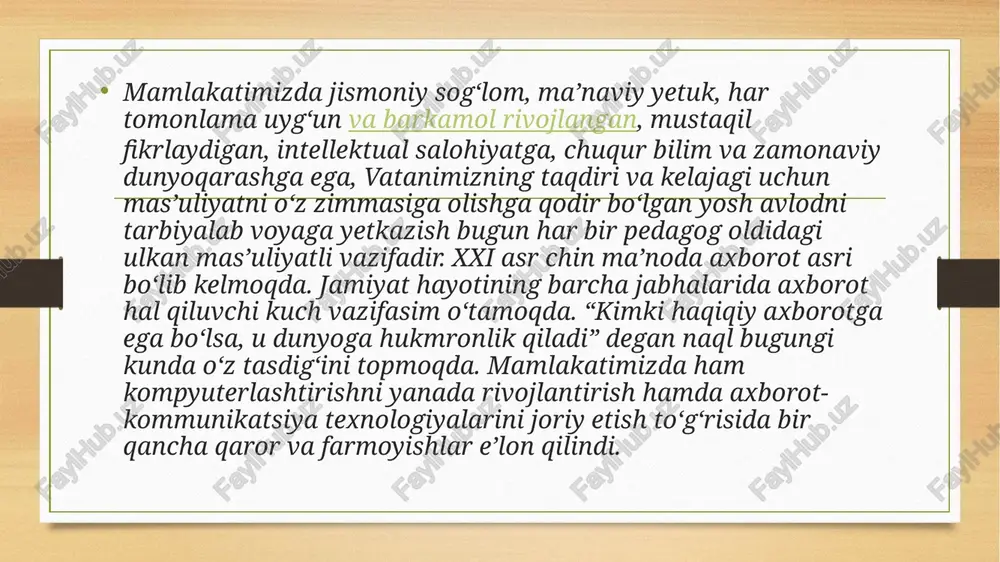 ri va texnologiyalari, elektron hukumat asoslari, elektron biznes texnologiyalari nazariyalarining boshlang‘ich tushunchalarini o‘z ichiga olgan boiim lar va ulaming iqtisodiy tatbiqlaridan tashkil topgan. “iqtisodiyotda axborot komplekslari va texnologiyalari” fanining maqsadi “moliya yo‘nalishi” bo‘yicha ta’lim olayotgan talabalarga sohaga oid dasturiy ta’minot komlpekslarida va avtomatlashtirilgan axborot texnologiyalari muhitida masalalar yechish usullari haqida bilim berishdir. taklif va mulohazalar mualliflarning keyingi amaliy ishlarida hisobga olinadi va darslik qayta nashrini yanada yaxshilashga xizmat qiladi. jamiyatni axborotlashtirish ishlab chiqarish tizimining milliylashtirish olib keladi. tegishli professional bilimlar tashqi savdo balansi davlat texnik hokimiyat bir ma'lumot, axborot texnologiyalari tushunchasi bilan bog'liq bo'ladi. bu, shuningdek, yuqori texnologiyalar mahsulotlar konsalting foydalanish bo'yicha, sanoat mahsulotlari litsenziya, turli nou-xau bozorida orqali amalga oshiriladi.tufayli jahon bozorida evolyutsiyasi ilg'or professional bilim va so'nggi texnologiyalar, shu jumladan, yuqori texnologiya mahsulotlari, sotish bilan band, bir mamlakatda bir afzalligi bor. bu faol bilim, madaniyat shaklida ko'rinmas mahsulotni savdo va faol xatti-harakat namunalari zo'rlab bo'ladi. bu sabab bo'ldi, …
