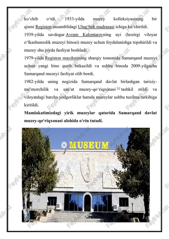 izmatika, bonistika, doimiy va vaqtinchalik faoliyat ko‘rsatadigan ko‘rgazmalar bo‘limi kabi bir nechta mavzuli bo‘limlarga ajratilgan. muzeyning uzoq yillik faoliyati davrida eng qadimgi zamonlardan hozirgacha bo‘lgan o‘zbekistonning madaniyati va sanʼatini ifoda etuvchi juda ko‘plab arxeologik, numizmatik, etnografik, yozma va hujjatli ashyolar to‘plangan. tarkibida 50 mingta ashyoni saqlab kelayotgan muzey arxeologik fondi eksponatlari haqli ravishda eng qimmatli va sermazmun kolleksiya sanaladi. u bronza asriga oid zargarlik buyumlarining noyob namunalari, qadimgi va o‘rta asrlarga oid sopol, metall va shishadan hamda alebastr va gildan yasalgan bezaklardan iborat. mavzu doirasida batafsil “o‘zbekiston madaniy merosi jahon to‘plamlarida" turkumidagi “samarqand davlat muzey-qo‘riqxonasi to‘plami” kitob-albomida (xviii jild, 34-35-36 bet) tanishishingiz mumkin. mamlakatimizdagi yirik muzeylar qatorida samarqand davlat muzey-qo‘riqxonasi alohida o‘rin tutadi. muzey kolleksiyasi esa qadimgi va o‘rta asrlarga oid vatanimiz tarixi va madaniyatining eng boy xazinalaridan biri sanaladi. uning tarixi samarqanddagi birinchi muzey bilan chambarchas bog‘liq. bu muzey arxeologik, numizmatik, etnografik va geologik topilmalar kolleksiyalari negizida 1874 yilda …