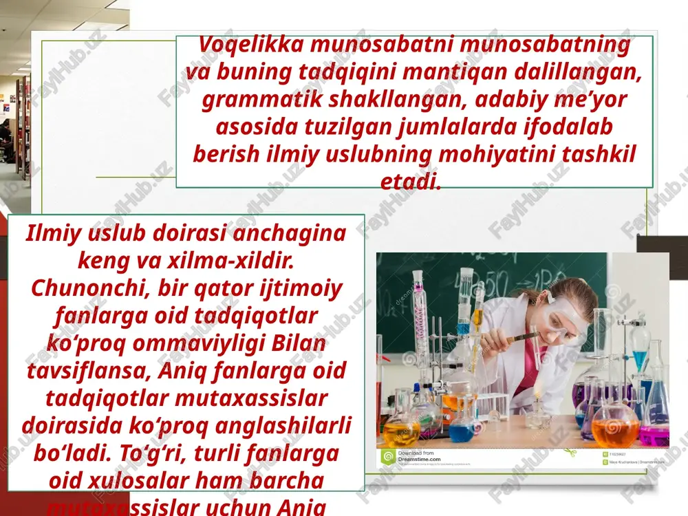. u asosan fan tili. asosiy vazifasi g‘oyalar faktlar qonuniyatlar hodislar va tushunchalar tizimi bilan aloqadorlikdir. bu axborotlar isbotlangan, dalillangan va umumlashganligi, yozma nutq shaklida nomoyon bo‘lishi uning o‘ziga xos xususiyatlaridir. axborotning holisligi va umumlashganligi, mantiqiy va izchilligi, aniq va batafsilligi bu uslubga xosdir. bu uslubda avtor shaxsi ifodalanmaydi, buyoqdor so‘zlar uchramaydi. xar bir fan sohasiga oid shartli qisqartmalar va ramziy belgilar uchraydi. shu fanga oid terminlar uchraydi. albatta, ilmiy texnik bayon ilmiy matematik bayondan yoki qat’iy ilmiy bayon ilmiy-ommabop bayondan ma’lum darajada farqlanadi. bu tafovutlar bayon qilish situatsiyasi va bayon qilish «materiali»dan kelib chiqadi. binobarin, ilmiy-texnik, ilmiy-ommabop, ilmiy-ommabop matematik bayonlar ilmiy uslubning ko‘rinishlari bo‘lgani uchun, ular ilmiy uslubga xos umumiy, yaxlit xususiyatlarga ega bo‘ladi. ilmiy uslubning barcha belgi-alomatlari ularning har birida o‘ziga xo sbir shaklda takrorlanadi. masalan ilmiy uslubning ilmiy-ommabop variantida yozilgan biron fanga oid kitob, maqola va leksiyalar shu fan masalalari bilan tanish bo‘lmagan kishilar uchun mo‘ljallanganda material …