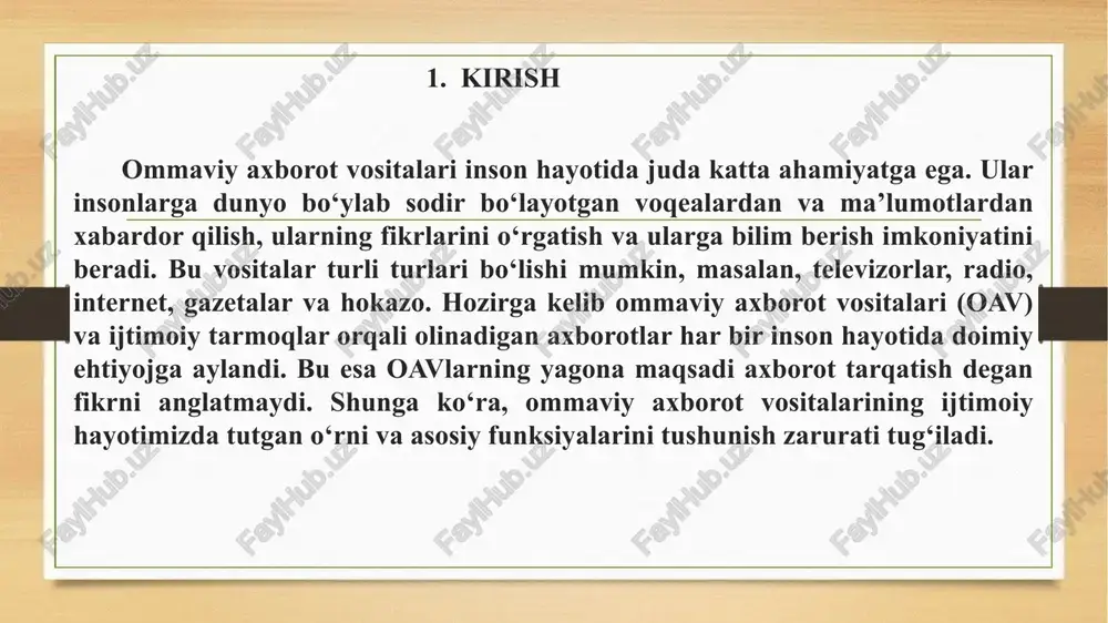 . 5. ijtimoiy ta’sir: ommaviy axborot vositalari jamiyatning turli masalalarni idrok etishiga ta’sir qilish qudratiga ega. u ijtimoiy normalar, siyosat va madaniy tendentsiyalarga nisbatan jamoatchilik munosabati va xatti-harakatlarini shakllantirishda rol o‘ynaydi. 6. reklama va tijorat: ommaviy axborot vositalari korxonalar uchun o‘z mahsulotlarini ilgari surish uchun platforma vazifasini o‘taydi, bu esa iste’molchilarning xabardorligini yaratishga olib keladi va xarid qarorlariga ta’sir qiladi. bu iqtisodiy o‘sishga va bozor raqobatbardoshligiga hissa qo‘shadi.umuman olganda, ommaviy axborot vositalari jamiyatga o‘zgartiruvchi ta’sir ko‘rsatadi, axborot manbai, muhokama maydoni, ko‘ngilochar vosita, jamiyatga ta’sir qilish va tarbiyalash vositasi bo‘lib xizmat qiladi. ommaviy axborot vositalarining mazmuni va manbalarini tanqidiy baholash, iste’mol qilinadigan ma’lumotlarning to‘g‘ri, muvozanatli va jamiyatga ijobiy hissa qo‘shishini ta’minlash uchun juda muhimdir. ommaviy aloqada ommaviy axborot vositalari axborot yoki ma’lumotlarni saqlash hamda yetkazib berish uchun ishlatiladigan aloqa vositalari yoki vositalaridir. bu atama bosma ommaviy axborot vositalari, nashriyot, axborot vositalari, fotografiya, kino, radio eshittirish (radio va televideniye), raqamli media hamda …