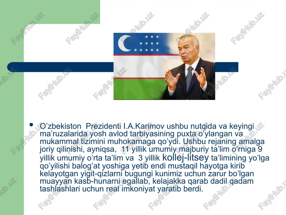 ntirib borishi lozim. globallashuv jarayoni jahonda globallashuv jarayoni yuz berayotgan hozirgi murakkab sharoitda milliy ma’naviyat, shu bilan birga, umuminsoniy estetik qadriyatlar shaxs estetik madaniyatiga samarali ta’sir ko’rsatib, uning insoniy fazi-latlari, axloqiy qadriyat va me’yorlar shakllanishida muhim omil sanaladi. shaxs kamolotida tarbiyaning roli shaxsning rivojlanishi va shakllanishiga ta’sir nuqtai nazaridan tarbiya doimo maqsadga yo‘ naltirilgan bo‘ lib, birinchi navbatda, aniq maqsadga qaratilgan jamiyatning faoliyatidir. bunda jamiyat o‘ zida mavjud bo‘ lgan barcha imkoniyat hamda vositalardan foydalanadi. tarbiya insonni muayyan ijtimoiy zaruriy bilimlar majmui, ko‘ nikma va malakalar bilan qurollantirish, uni hayotga va mehnatga, xulq-atvor me’yorlari va qadriyatlariga rioya qilishga, kishilar bilan muomala qilishga, ijtimoiy munosabatlarga tayyorlashni nazarda tutadi. shaxsning ijtimoyilashuvi. shaxs ijtimoiy munosabatlar jarayonida shakllanadi. chunki ta’lim jarayonida bolalarga jamiyatda birga yashash bilan bog‘liq bo‘lgan holat va hodisalar o‘rgatiladi. bu jarayonda o‘quvchi jamiyatga «kirishadi» va u bilan o‘zaro munosabatda bo‘ladi. ular ma’lum ijtimoiy tajriba (bilim, qadriyat, axloqiy qoida, ko‘rsatma) orttiradilar, ya’ni, …