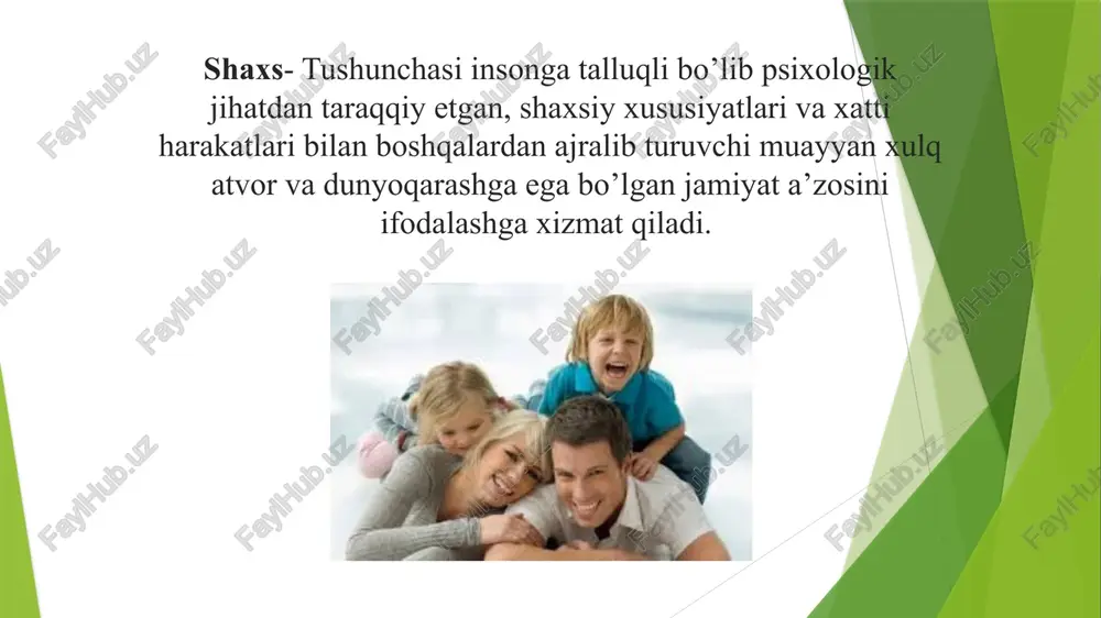 ydi. zero, barcha ma’naviy-axlohiy kamchiliklarning asosiy sababi ham insonning o’z faoliyatini to’g’ri yo’lga qo’ymaganligidadir.shuning uchun ham inson faoliyati uning rivojlanishi natijasi hamdir. demak, shaxs faolligi asosida ijtimoiy faollik, tashabbuskorlik, ijodkorlik xislatlarini shakllantirish – uning shaxslik imkoniyatlarini namoyon etishi orqali faoliyatini rivojlantirish muhim sanaladi ma’lum bir yosh davriga xos bo’lgan anatomik, fiziologik, psixologik xususiyatlar yosh xususiyatlari deyiladi odam ijtimoiy mavjudot sifatida shaxsga aylanishi uchun ijtimoiy muhit sharoitlari va tarbiya kerak bo’ladi. ana shular ta’sirida odam inson sifatida rivojlanib boradi va shxsga aylanadi. bular shaxsning o’ziga xos xususiyatlari bo’lib ana shu ruhiy xususiyatlar rivojlanib borib ma’lum bir bosqichga yetsagina u mukammal inson sifatida shakllanadi. shaxsning ijtimoiy voqealikka, mehnatga, jamiyatga bo’lgan munosabati turlicha namoyon bo’ladi. pedagogika, tibbiyot, bolalar anatomiyasi,fiziologiyasi, psixalogiya fanlari yutuqlari va shu fanlarning tavsiyasiga ko’ra bolalarning yosh davrini quydagicha guruhlash qabul qilingan. 0-3 4-11 maktabgacha tarbiya yoshi 12-18 o’rta maktab yoshidagi o’smirlar go’daklik davri bog’chagacha bo’lgan yosh davri maktab yoshidagi kichik …