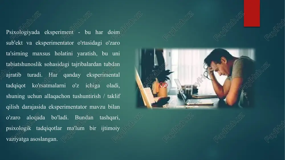 lari tizimli kuzatish, savollar berish va tajriba (tajriba) asosida guruhlangan; mos ravishda uchta quyidagi usullar guruhi mavjud: 1) kuzatuv: o'lchash, o'z-o'zini kuzatish, tashqi (uchinchi) kuzatuv, shu jumladan kuzatish, guruh kuzatuvi va nazorati; eksperimental psixologik tadqiqotlar nafaqat maxsus asboblar, jadvallar, shakllar yordamida, balki so'rovnomalar, so'rovnomalar, testlar, o'z-o'zini hisobotlar, ekspert baholari yordamida psixologik tekshirish shaklida ham o'tkazilishi mumkin. shuning uchun eksperimental psixologik tadqiqotlar uchun "uskunalar" atamasi tegishli maxsus uskunalar, shuningdek sekundomer va maxsus mo'ljallangan jadvallar, shakllar, so'rovnomalar sifatida tushuniladi. yuqorida ta'kidlab o'tilganidek, eksperiment va psixologik tekshiruv o'rtasidagi asosiy farq shundaki, eksperiment - sababiy gipotezalarni tekshirishning asosiy usuli (sababiy bog'liqliklar va bog'liqliklar haqida) va psixologik (psixodiagnostik) tekshiruv - bu tergovchini aniqlash uchun mo'ljallangan o'lchov usuli. faktlar, kerakli empirik ma'lumotlarni to'plash, ularni faqat boshqa usullar bilan qayta ishlash bilan, munosabatlarni, shu jumladan sabablarni aniqlash uchun talqin qilish va tahlil qilish mumkin. psixologiyaning sub'ektiv usullari (kuzatish, so'rov)- bu tadqiqot usullari o'rganilayotgan ob'ektga nisbatan shaxsiy his-tuyg'ularga …