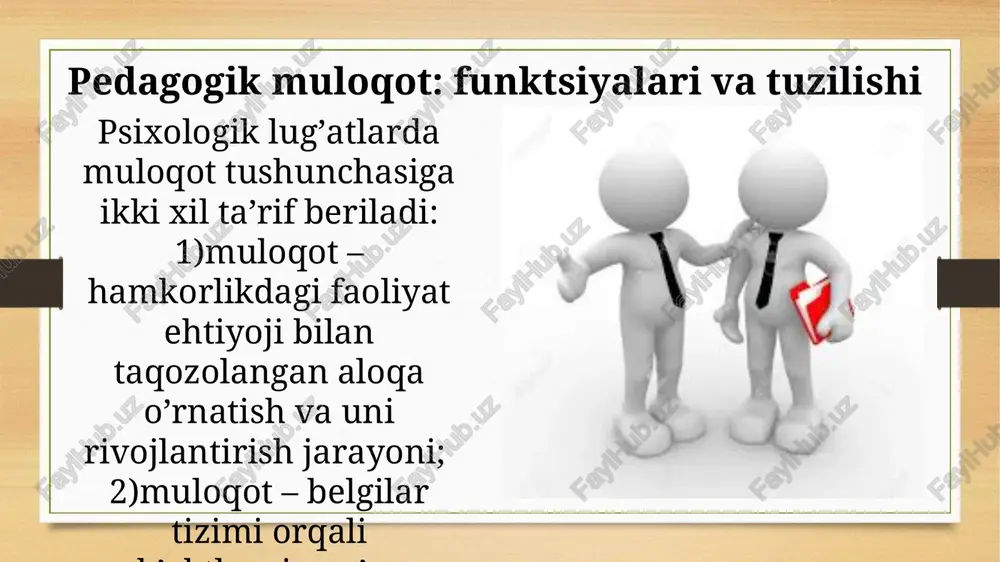 sh tutadi, faoliyat maqsadini barcha ta’lim oluvchiga etkazishga harakat qiladi, faoliyatning kechishini muhokama qilishga barchani jalb etadi; o’z vazifasini faqat nazorat va munofiqlashtirish deb bilmay, tarbiya bilan ham shug’ullanadi; barcha ta’lim oluvchilarni rag’batlantiradi va ularda o’z-o’ziga ishonchni shakllantiradi; jamoada o’z-o’zini boshqarish rivojlanadi. bu uslubni qo’llovchi o’qituvchi barcha jamoa a’zolarining individual xususiyatlarini inobatga olgan holda ular o’rtasida vazifalarni teng bo’lishga harakat qiladi; tashabbus va faollikni rag’batlantiradi. bunday o’qituvchining muloqotda qo’llaydigan metodlari – iltimos, maslahat, axborot berishdir. liberal uslub – boshqacha qilib aytganda, anarxik. o’qituvchi jamoa hayotiga umuman aralashmaslikka harakat qiladi, faolligi sust, muammolarni yuzaki ko’rib chiqadi, boshqalarning ta’siriga oson tushib qoladi. ma’suliyatdan o’zini olib qochadi va o’z avtoritetini yo’qotadi. v.a.kan-kalik pedagogik muloqotni munosabatlar va o’zaro ta’sir uslublari tashkil etishini ta’kidlab, ularni quyidagi tarzda turkumlaydi: 1) hamkorlikda olib boriladigan ijodiy ishga bo’lgan qiziqishga asoslangan muloqot. hamkorlikda olib boriladigan ijodiy ishga bo’lgan qiziqish asosidagi muloqotda pedagog ta’lim oluvchilar va ishga nisbatan ijobiy yondashadi; …