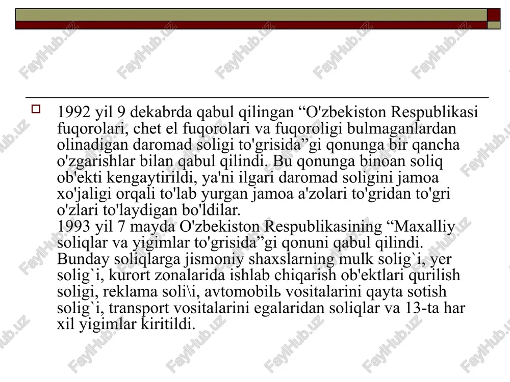 hisoblab chiqarish tartibi to`lash (undirish) tartibi soliq (to`lov) davri bazasi hisobot davri hisoboti soliq (to`lov) elementlari. soliq (to`lov) ob’yekti-bu to`lovchida soliq yoki boshqa majburiy to`lov hisoblab chiqarish va to`lash yuzasidan majburiyat keltirib chiqaradigan narsa (daromad, mol-mulk, yer, harakat va ularning natijasi). soliq (to`lov) bazasi (soliq solinadigan baza)- soliq (to`lov) ob’yektining soliq (to`lov) summasi hisoblab chiqariladigan miqdori bo`lib, u qiymat (so`m) yoki natural (tonna, kg, litr va boshqa) ko`rsatkichlarda ifodalanadi. soliq (to`lov) bazasi ikki usulda aniqlanishi mumkin: 1) kassa usuli bo`lib, haqiqatan kelib tushgan daromad, mol-mulk yoki boshqa boyliklar summasi va ular bilan bog`liq real xarajatlar summasi asosida aniqlanadi; 2) hisoblab yozish usuli bo`lib, soliq (to`lov) davrida haqiqatan kelib tushishi yoki tushmasligidan qat’iy nazar kelib tushishi kerak bo`lgan daromad, mol-mulk yoki boshqa boyliklar summasi asosida hisoblanadi. obrazets teksta vtoroy uroven tretiy uroven chetvertiy uroven pyatiy uroven soliq (to`lov)ni to`lash tartibi-soliqni (to`lovni) to`lash (undirish) usullari majmui bo`lib, u quyidagi usullarni nazarda tutadi: …