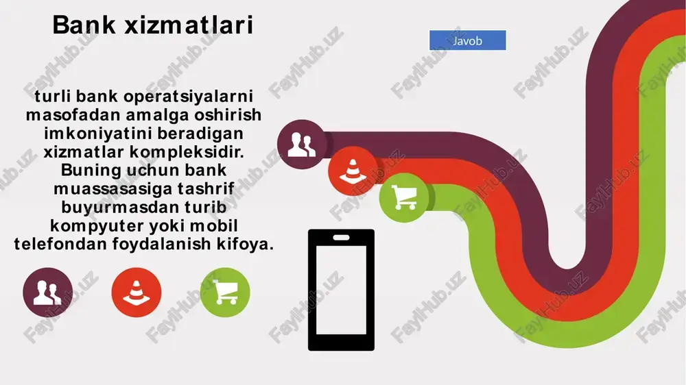 .com mobil banking www.presentationgo.com © presentationgo.com by: .com internet-banking texnologiyasi asosida yaratiladi. sms-banking bu bank mijozlarga ularning depozit hisobvaraqlaridagi hamda bank kartalariga ochilgan hisobvaraqlaridagi operatsiyalar haqida sms ko‘rinishdagi ma’lumotlarni olish tizimidir. mijoz uchun sms-banking xizmati quyidagi amallarni bajarish imkoniyatlarini beriladi: hisobvarag‘idan ma’lumot olish uchun mijoz bankning maxsus telefon raqamiga belgilangan sms-so‘rovni yuborish kerak. javob to insert your own icons*: insert >> icons (*only available to office 365 subscribers) www.presentationgo.com © presentationgo.com by: .com © copyright presentationgo.com – the free powerpoint and google slides template library 16 hisobvarag‘iga kelib tushgan mablag‘lar; hisobvarag‘idan qilingan xarajatlar; hisobvaraq balansi; kun davomida o‘tkazilgan bank operatsiyalari haqida operativ ma’lumot olish. to insert your own icons*: insert >> icons (*only available to microsoft 365 subscribers) www.presentationgo.com by: .com © presentationgo.com pc-banking internet-banking mobile-banking atm-banking image9.png image10.png image11.jpg image12.png image7.svg image13.png image9.svg image14.png image11.svg image15.png image13.svg image17.svg image16.png image15.svg image17.png image25.svg image22.png image23.png image27.svg image24.png image29.svg image18.png image19.svg …