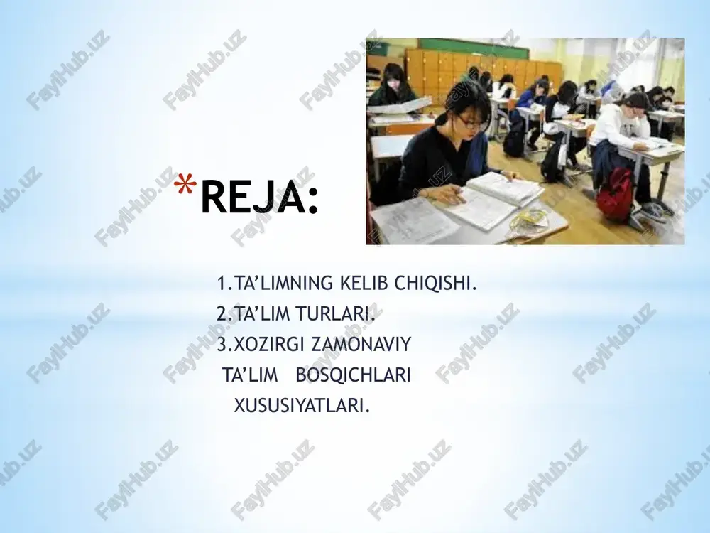 urtlari yuqori reytingga ega bo'lib, talabalarga yuqori sifatli ta'lim beradi. 5. magistratura va doktorantura (graduate school) muddat: 2 yil (magistratura), 3-4 yil (doktorantura) koreyada magistratura va doktorantura ta'limi ham yuqori darajada. magistratura dasturlari 2 yil davom etadi, doktorantura esa 3-4 yil davom etadi. bu ta'lim bosqichlari ilmiy izlanishlar va akademik ishlarga qaratilgan. 6. kasbiy ta'lim (vocational education) koreyada kasbiy ta'lim ko'plab o'quv markazlari va texnik kollejlar orqali amalga oshiriladi. bu ta'lim turi asosan texnik va kasbiy sohalarda ishlashni xohlovchi yoshlar uchun mo'ljallangan. janubiy koreada ta'lim tizimi juda intellektual va o'zgaruvchan, bu esa davlatning iqtisodiy va texnologik yutuqlariga katta hissa qo'shadi. koreyaning zamonaviy ta’lim tizimi rasman yaponiya mustamlakasidan ozod bo‘lgan 1945 yildan boshlangan. ammo kengroq qaraydigan bo‘lsak, koreyslarda ta’lim tizimi 1894 yilgi islootlardan keyin yuzaga kelgan, deyish mumkin. 1881 yili koreyadagi choson xukumati mamlakat xavfsizligini kuchaytirish maqsadida maxsus armiya tuzadi va g‘arbliklar harbiy san’atdan dars bera boshladilar. koreyada ijtimoiy muhitning o‘zgarishi …