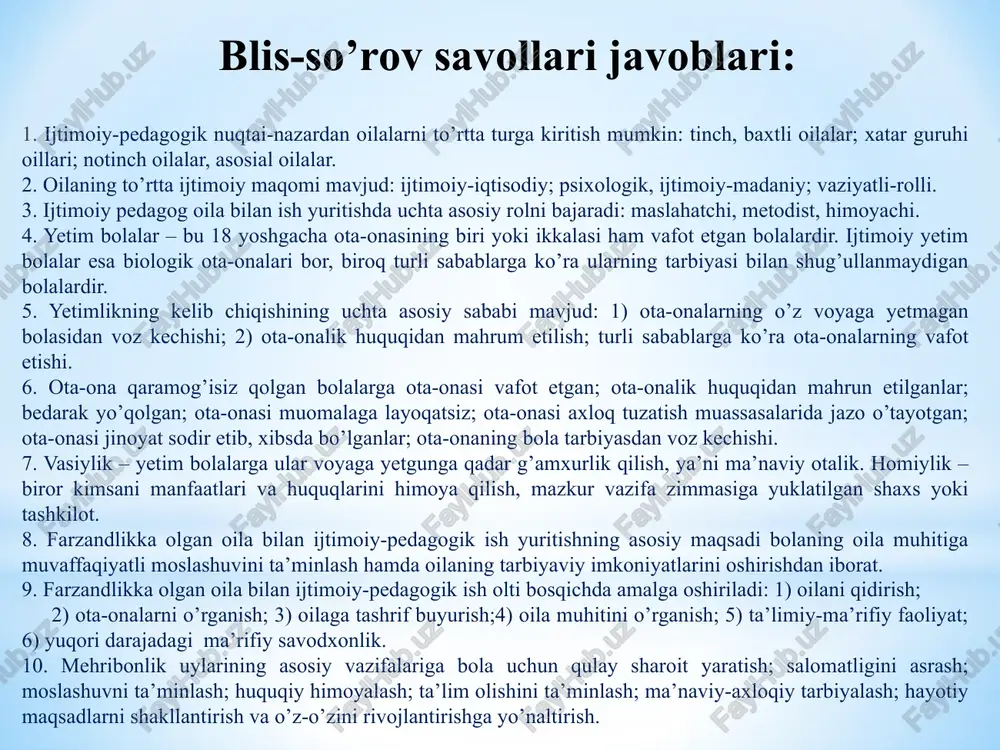 maslahatlar berish, ota-onalar va bolalar o‘rtasidagi ziddiyatlarni birgalikda hal etish ijtimoiy pedagogning oilalarga ijtimoiy-pedagogik yordam ko‘rsatishdagi asosiy rollari asosiy rollar oilada bolalarning erkin va to‘g‘ri rivojlanishlarini ta’minlashga xizmat qiluvchi zarur sharoitlarni yaratishda ota-onalarga ko‘maklashish, bolalarni ijtimoiylashtirishga qaratilgan ma’rifiy tadbirlarni tashkil etish bolalarni turli salbiy ijtimoiy ta’sirlar (ruhiy zo‘riqtirish, mafkuraviy tajovuz, jismoniy ekspluatatsiya hamda giyohvand, ichuvchi yoki bolalarga salbiy munosabatda bo‘luvchi ota-onalar)dan himoyalash 1-bosqich 2-bosqich bosqichlar 3-bosqich 4-bosqich oilalarga ijtimoiy-pedagogik yordam ko‘rsatish bosqichlari ijtimoiy-pedagogik yordamga muhtoj oilalarni aniqlash oilalarga ko‘rsatiladigan ijtimoiy-pedagogik yordam yo‘nalishlarini belgilash oilalarga amaliy ijtimoiy-pedagogik yordam ko‘rsatish oilalarga ko‘rsatiladigan ijtimoiy-pedagogik yordamning samaradorlik darajasini o‘rganish farzandlikka olish vasiylik oilasi vaqtinchalik qabul qiluvchi oila davlat qaramog’iga olish go’daklar uyi muruvvat uyi mehribonlik uyi maktab internat yetimlarga vasiylik qilish ota-ona qaramog‘isiz qolgan bolalarga vasiylik qilish tizimi farzandlikka olgan oila bilan olib boriladigan ijtimoiy-pedagogik faoliyat bosqichlari va mazmuni № ijtimoiy-pedagogik faoliyat bosqichlari ijtimoiy-pedagogik faoliyat vazifalari ijtimoiy-pedagogik faoliyat metodlari 1 farzandlikka oluvchi oilani qidirish. …