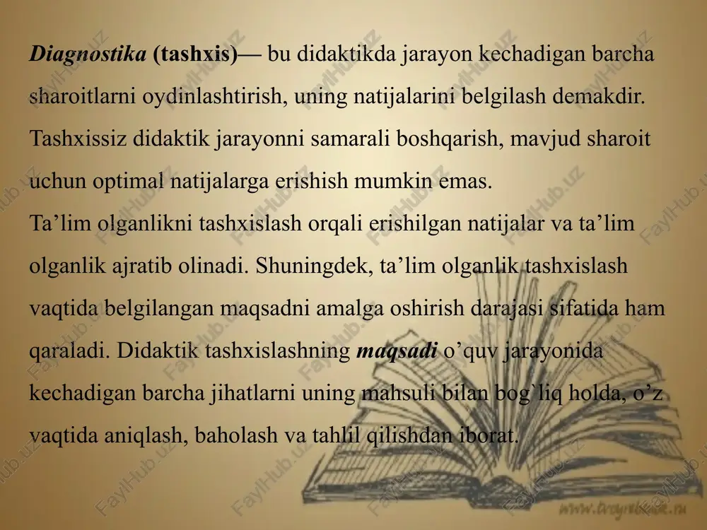 vchining o’quv faoliyati bo’yicha tezkor ma`lumotlar bilan ta`minlaydi, o’qitish jarayonini boshqarishda yaxshi natija beradi, o’zlashtirmagan o’quvchilarni o’z vaqtida aniqlaydi, o’zlashtirmaslikni bartaraf etish bo’yicha choralar belgilaydi. oraliq nazorat— bu o’quvchilar tomonidan mazkur fanning muayyan bob yoki bo’limlarining o’zlashtirilganini tekshirish. oraliq nazoratni o’qituvchi dars jadvali asosida darsda o’quv materialining o’ziga xos xususiyatini hisobga olgan holda o’tkazadi. oraliq nazorat o’tkazishdan oldin o’quvchilar ogohlantiriladi. har bir oraliq tekshirish alohida-alohida shkala asosida baholanadi. yakuniy nazorat— choraklik, yarim yillik, yillik va davlat attestatsiyasi sinovlari singari turlarga bo’linadi. yakuniy nazorat og`zaki, yozma, test hamda amaliy topshiriqlarni bajarish metodlari asosida o’tkaziladi. nazoratning asosiy besh shakli nazoratning ommaviy shakli nazoratning individual shakli nazoratning kombinatsiyalash gan shakli nazoratning guruhli shakli o’z-o’zini nazorat qilish shakli o’quvchilarning o’quv faoliyatini nazorat qilish metodlari quyidagilar: og`zaki tekshirish yozma tekshirish amaliy topshiriqlarni bajarishga asoslangan tekshirish uy vazifalarini tekshirish og`zaki tekshirish. bu metod bilimlarni nazorat qilish va baholashning ancha keng tarqalgan anpanaviy usullaridan biridir. og`zaki tekshirishning …