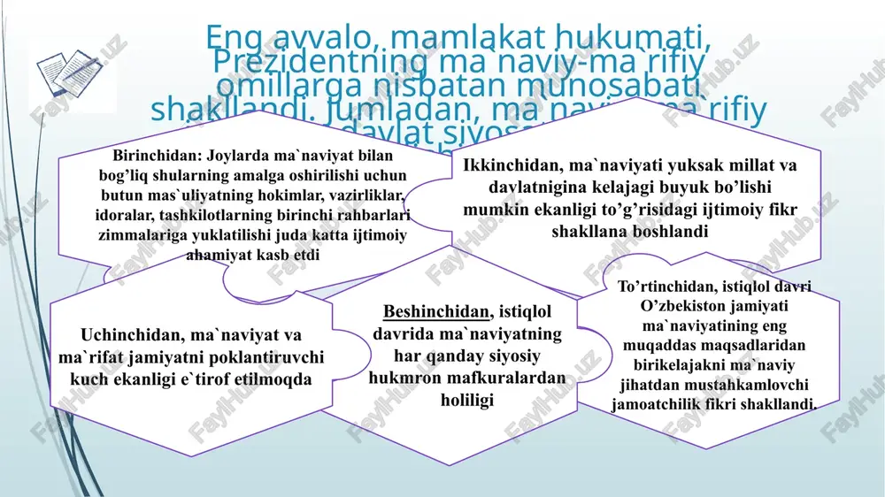 niy markazi tashkil etildi. m a d a n i ya t shuning uchun ham o’zbekiston hukumati madaniyatdagi milliylik va baynalmilallik nisbatini saqlashga muhim vazifa sifatida munosabatda bo’la boshladi. ayni paytda 130 ga yaqin millat va elat yashayotgan o’zbekistonda har bir millat ravnaqi, uning barqaror taraqqiyoti, xavfsizligi va yashash kafolotlariga har qanday tahdidlarning oldini olish, u yoki bu millatga mansub kishilar guruhining xudbinlik kayfiyatlarini muqarrar tarzda boshqa millat, xalq imkoniyatlarini zo’ravonlik va zug’um siyosatining ishlarning bilan chegaralab qo’yadigan davlat ishlab chiqilishi bu boradagi amaliy samarasini oshirdi yurtimizda ma’naviy merosni tiklashga bag‘ishlab amalga oshirilgan ulkan ishlardan biri ahmad al-farg‘oniyning 1200 yillik, imom ismoil al- buxoriyning 1225 yilligi hamda amir temurning 660 yilligi yubileylari tantanalarini nishonlash, ularning faoliyatini va ijodini to‘liq yoritib xalqimizga bayon etish hamda nomlarini abadiylashtirish bo‘ldi. hukumatimiz qarori bilan 1996 yil amir temur yili deb e’lon qilindi yubiley tantanalari o‘zbekistonda balki uning nafaqat xalqaro miqyosda ulkan ko‘tarinkilik bilan nishonlandi. …