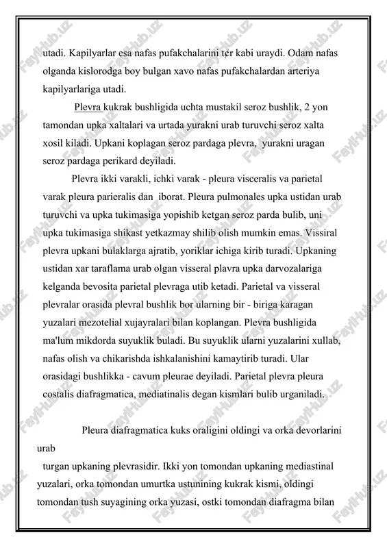 arvozalariga kelganda bevosita parietal plevraga utib ketadi. parietal va visseral plevralar orasida plevral bushlik bor ularning bir - biriga karagan yuzalari mezotelial xujayralari bilan koplangan. plevra bushligida ma'lum mikdorda suyuklik buladi. bu suyuklik ularni yuzalarini xullab, nafas olish va chikarishda ishkalanishini kamaytirib turadi. ular orasidagi bushlikka - cavum pleurae deyiladi. parietal plevra pleura costalis diafragmatica, mediatinalis degan kismlari bulib urganiladi. pleura diafragmatica kuks oraligini oldingi va orka devorlarini urab turgan upkaning plevrasidir. ikki yon tomondan upkaning mediastinal yuzalari, orka tomondan umurtka ustunining kukrak kismi, oldingi tomondan tush suyagining orka yuzasi, ostki tomondan diafragma bilan chegaralangan bushlik kuks oraligi - mediastinum deb ataladi. ikki yon tomondan upkaning mediastinal yuzalari orka tomondan umurtka pogonasining kukrak kismi va kovurgalarning umurtkaga birikkan uchlari, oldingi tomondan tush suyagi, pastki tomondan diafragma, yukori tomondan aperture thoracica superior ga ochiladi. kuks bushligi old va orka kismlarga bulinadi. xar ikki kismni ajratib turuvchi chegara kekirdak va bronxlar xisoblanadi. …