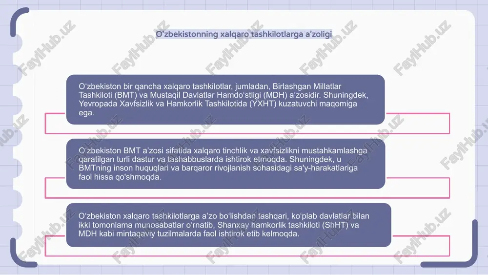 asidagi hamkorlikni rivojlantirishda hal qiluvchi rol o‘ynadi. o'zbekistonning xalqaro tashkilotlar bilan aloqalarining uning iqtisodiyotiga ta'siri o‘zbekiston bmt, jahon banki, xalqaro valyuta jamg‘armasi kabi turli xalqaro tashkilotlar bilan aloqalar o‘rnatgan. bu aloqalar o‘zbekiston iqtisodiyotiga katta ta’sir ko‘rsatib, xorijiy sarmoyalarning ko‘payishiga, iqtisodiy islohotlarga, xalqaro savdo imkoniyatlariga olib keldi. o‘zbekistonning ushbu tashkilotlarga a’zoligi mamlakatga moliyaviy yordam, texnik ekspertiza va turli rivojlanish loyihalarida hamkorlik qilish imkoniyatlarini ham taqdim etdi. xalqaro tashkilotlar orqali madaniy almashinuvni rivojlantirish o‘zbekiston madaniy almashinuv va hamkorlikni rivojlantirish maqsadida turli xalqaro tashkilotlar bilan faol hamkorlik qilib kelmoqda. yunesko va jahon sayyohlik tashkiloti kabi tashkilotlarda ishtirok etish orqali o‘zbekiston o‘zining boy madaniy merosi va an’analarini dunyoga namoyish eta oldi. bu hamkorlik nafaqat sayyohlik va madaniy almashinuvni rivojlantirishga yordam berdi, balki xalqlar o‘rtasida o‘zaro tushunish va muloqotni kuchaytirdi. inson huquqlari va o‘zbekistonning xalqaro tashkilotlar bilan hamkorligi o‘zbekiston turli xalqaro tashkilotlar, jumladan, inson huquqlari bilan shug‘ullanuvchi tashkilotlar bilan aloqalar o‘rnatgan. bu hamkorliklar mamlakatning inson …