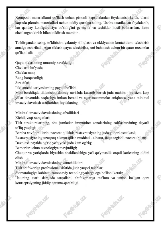 psulalardan foydalanish kerak, ularni kapsula plomba materiallari uchun oddiy qurolga soling. ushbu texnikadan foydalanib, har qanday konfiguratsiya bo'shlig'ini germetik va teshiklar hosil bo'lmasdan, hatto cheklangan kirish bilan to'ldirish mumkin. to'ldirgandan so'ng, to'ldirishni yakuniy silliqlash va okklyuzion kontaktlarni tekshirish amalga oshiriladi. agar tiklash qayta tekshirilsa, uni baholash uchun bir qator mezonlar qo'llaniladi: qayta tiklashning umumiy xavfsizligi; chetlarni bo'yash; chekka mos; rang barqarorligi; sirt sifati; ikkilamchi kariyeslarning paydo bo'lishi. mini-bo'shliqda tiklanishni doimiy ravishda kuzatib borish juda muhim - bu sizni ko'p yillar davomida saqlashga imkon beradi va agar muammolar aniqlansa, yana minimal invaziv davolash usullaridan foydalaning. minimal invaziv davolashning afzalliklari kichik vaqt xarajatlari; tish strukturalarining, shu jumladan immunitet zonalarining zaiflashuvining deyarli to'liq yo'qligi; barcha xavf omillarini nazorat qilishda restavratsiyaning juda yuqori estetikasi; restavratsiyaning uzoqroq xizmat qilish muddati - albatta, faqat tegishli nazorat bilan; davolash paytida og'riq yo'q yoki juda kam og'riq; bemorlar uchun texnologiya mavjudligi; chuqur va yoriqlarda blyashka shakllanishiga yo'l qo'ymaslik …