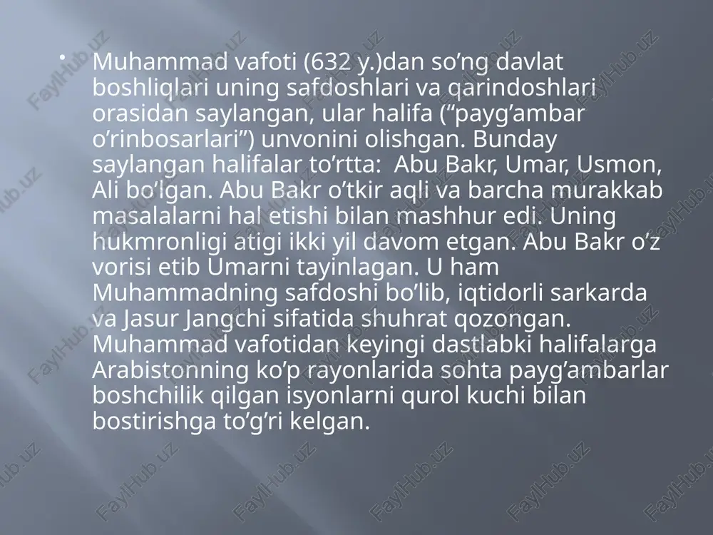 muqaddas kitobi qur’on bo’lishi kerakligi va halifalarning diniy hokimiyatdan voz kechishlarini talab qilishgan. ularning fikricha, islomda diniy rahbarlik alohida shaxslar – imomlarga tegishli bo’lishi lozim edi. umaviylar urug’idan chiqqan halifalar shialarni ta’qib etishgan. ularning tayanchi sunniylar mazhabi edi, ular muqaddas kitoblar deb nafaqat quryonni, balki sunna – muhammad payg’ambarning aytgan so’zlari va qilgan ishlari haqidagi hikoyalar to’plamini ham hisoblashgan. 656 y. makkada isyon ko’tarilgan. shialar halifa usmonni o’ldirishgan. ularning talabiga ko’ra to’rtinchi halifa qilib ali saylangan. biroq umaviylar urug’idan bo’lgan usmon tarafdorlari bo’sh kelishmagan. mamlakatda urush boshlanib ketgan. u qachonki 661 y. ali umaviylar tarafdorlari tomonidan o’ldirilguniga qadar davom etgan. mamlakatda yana umaviylar sulolasi hokimiyati tiklangan, sulola 750 y.gacha davlatni boshqargan. halifalar shunday qudratli qo’zg’olon bo’lib o’tgan makka shahrida qolishni istamay poytaxtni damashqqa ko’chirganlar. shu yerdan, suriyadan turib halifalar qo’shni mamlakatlar hududlarni bosib olishga kirishganlar, u mamlakatdagi urush tufayli to’xtab qolgan edi. vii a. ohiri – viii a. boshida arablar …