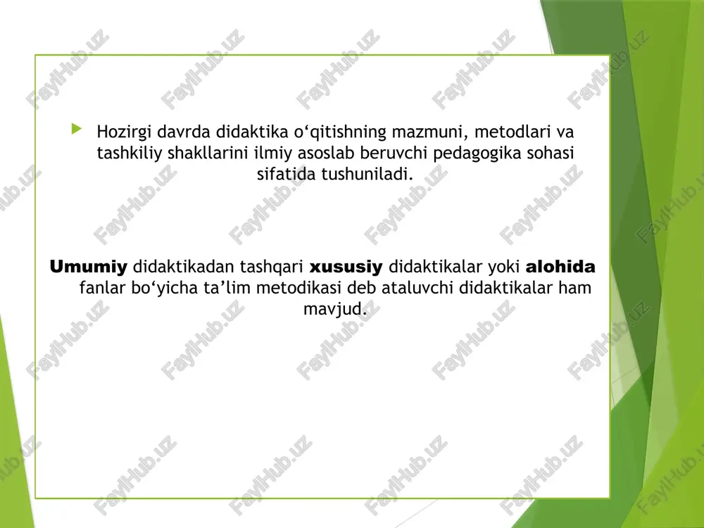 onparvarlashtirish ta’lim jarayonida o‘quvchi shaxsini hurmat qilish, uning sha’ni, obro‘si, qadr-qimmatini poymol etmaslik, mavjud iste’dodini rivojlantirishni nazarda tutadi. demokratlashtirish esa pedagogik jarayonda rasmiyatchilikka yo‘l qo‘ymaslik, ta’lim dasturlarini tanlashda o‘quvchilarning fikrlarini inobatga olishni ifodalaydi. 11 image1.jpeg image2.jpeg image3.jpeg /docprops/thumbnail.jpeg path, tans
