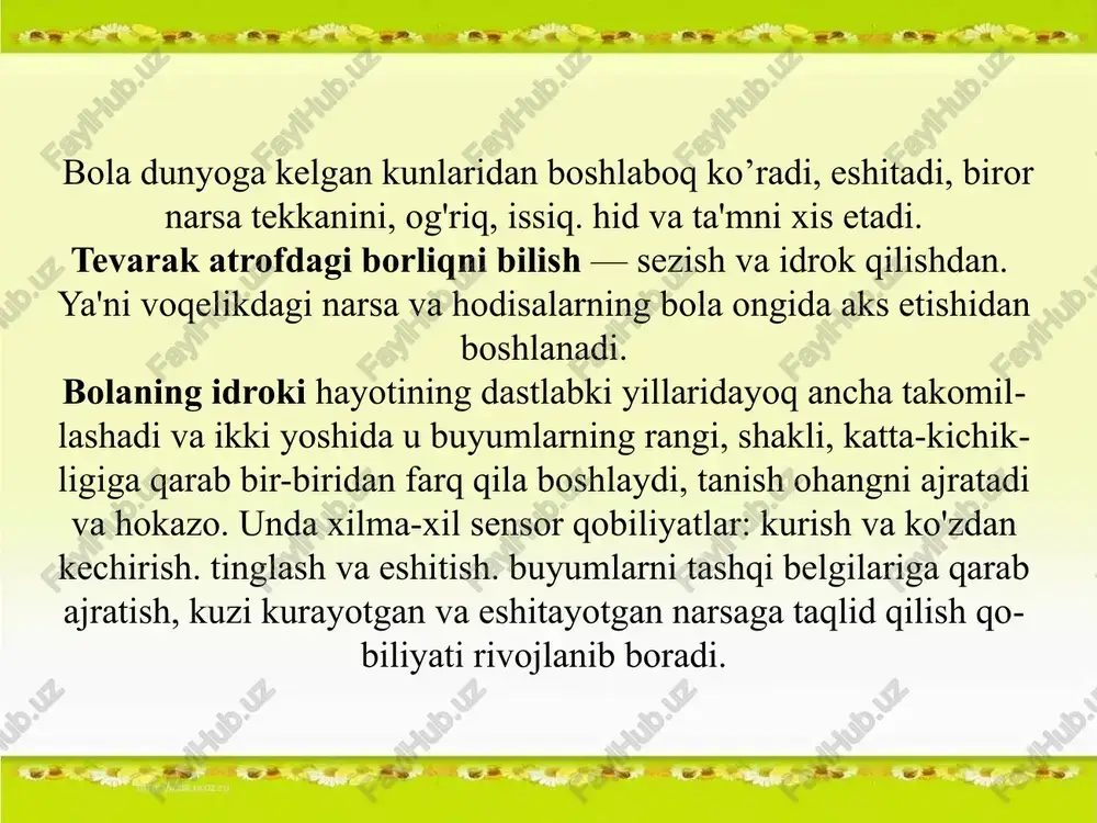 ko’rish analizatori orqali idrok etadi. ko’rishga aloqador nuqsonlar kelib chiqish sabablariga ko’ra tug’ma va orttirilgan bo’ladi. tug’ma nuqsonlar sabablari orasida irsiy kasalliklar, homilador ayolning toksoplazmoz, qizilcha va boshqa kasalliklar bilan kasallanishi sabab bo’lishi mumkin. og’ir nutqiy nuqsonlari bor bolalar maxsus yordamga muhtoj anomal bolalarga og’ir nutq nuqsonlariga ega bo’lgan bolalar ham kiritiladi. nutq nuqsoni logopediya fanida muayyan tilning me’yoridan chetga chiqish deb ta’riflanadi. nutq nuqsoni o’z – o’zidan barham topmaydi, balki vaqt o’tgan sari yanada mustahkamlanib, zo’rayib boradi. nutq nuqsoni gapiruvchining yoshiga mos kelmaydi. nutq nuqsoniga ega bo’lgan kishilar logopedik yordamga muhtoj bo’ladi. og’ir nutq nuqsoni kishining nafaqat nutqiga balki, umumiy rivojlanishiga ham salbiy ta’sir ko’rsatali. hozirgi kunda nutq nuqsonlarining turli klassifikatsiyalari mavjud. nutq nuqsonlari asosan 3 ta katta guruhga ajratiladi. fonetika – fonetik xarakterli nuqsonlar, sistemali nutq buzilishlari va yozma nutq nuqsonlari. fonetika – fonematik nuqsonlarga tovushlar talaffuzidagi nuqsonlar, ovoz nuqsonlari, nutq sur’ati, tempi, ritmi va ravonligidagi kamchiliklar, nutqni …