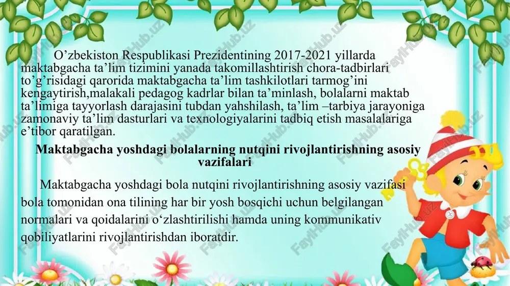 ’ziga xos xususiyatlari yoritilgan. olimlar nutqqacha bo’lgan bosqich muhim rol o’ynashini tushunib yetib, uni batafsil tahlil qilmoqdalar. maktabgacha yoshdagi bolalarning ravon nutqi tadqiqotchilari ye.i.tixeyeva, ye.a.flerina, a.m.leushina, l.a.penyevskaya va boshqalar bolalarning og’zaki nutqi va hikoya qilishni o’zlashtirishining o’ziga xos xususiyatlari, dialogik va monologik nutqning o’zaro bog’liqligini chuqur tushunish asosiga quriladigan ravon nutqni o’qitish tizimiga asos solishgan. maktabgacha yoshdagi bolalar nutqini rivojlantirish metodikasini fan sifatida shakllantirishga ye.i.tixeeva, ye.a.flerina, o.i.solovev, a.n.govzdev va boshqalar katta hissa qo‘shganlar. yelizavetta ivanovna tixeeva (1866-1944) talantli pedagog va yirik jamoat arbobi edi. ye.i.tixeeva namunali insonni tarbiyalashga yordam berish va ilk yoshdan boshlab to keksalikka qadar insonni har tomonlama rivojlantirishni ta’minlaydigan pedagogik nazariyani yaratish ustida ishlagan. maktabgacha ta’lim me’yoriy hujjatlari asosida bolalarni tarbiyalash. maktabgacha ta’limni rivojlantirish uchun quyidagilarni amalga oshirish lozim bo‘ladi: malakali tarbiyachi va pedagog kadrlarni ustuvor ravishda tayyorlash; maktabgacha ta’limning samarali psixologik-pedagogik uslublarini izlash va joriy etish; bolalarni maktabga oilada tarbiyalashni tashkiliy, psixologik, pedagogik va uslubiy jixatdan …