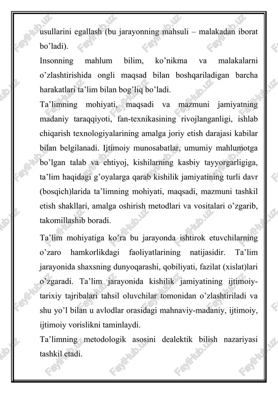 ug’ullanishga asoslanadi. didaktika – grekcha didaskien so’zidan olingan bo’lib, o’qitaman, o’qishni o’tgataman mahnolarini anglatadi. shunga ko’ra didaktika – bu o’qitish nazariyasidir. didaktika ukitish jarayonining shakllari, metodlari,tamoyillari, mazmuni, vazifasi va maksadlarini ishlab chikadi. metodika– pedagogikaning o’qitish, qonuniyatlari, qoidalari, tashkil etish shakllari, amalga oshirish va natijalari nazorat qilib baholash metod hamda vositalarini o’zida mujassamlashtiruvchi fan tarmog’idir. har bir o’quv fani o’qitish sohasi o’rgatishning vazifalari, mazmuni, metodlari va tashkiliy ko’rinishi haqidagi metodika asosida quriladi. o’qitish metodikasi - bu turli usullar tizimi bo’lib, o’quv-didaktik materiallardan foydalanish orqali belgilangan maqsadga erishish uchun nazariy dars va amaliy mashg’ulotlar paytida qo’llaniladigan usullar majmuasidir. kasbiy ta’lim metodikasi ijtimoiy hayotning mahlum sohasida faoliyat ko’rsatish uchun zarur bo’lgan bilim, amaliy ish-harakat usullarini shakllantirish qonuniyatlari, qoidalari, shakl, metod va vositalari hamda mazmuni haqidagi pedagogikaning muhim tarmog’idir. metod– iborasi (yunoncha-methodas-tadqiqot yoki bilish yo’li, nazariya, ta’limot mahnosini anglatib) voqelikni bilish, o’zlashtirish, o’zgartirish usullari majmuasidir. metod aslida insonning amaliy faoliyati negizida vujudga kelgan. metod …