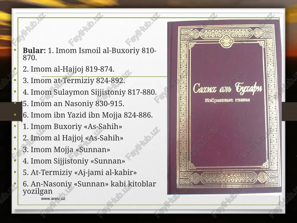 ilishdir»,-deb ta’kidlangan. hadislar mazmunan har bir kishining ishonchini, e’tiqodini mustahkamlaydi va insonni ma’naviy kamolotga yo’llaydi www.arxiv.uz www.arxiv.uz (za si as vag 2 ‘ 2 < , a hadis = “hadis” so’zi lug’aviy ma’nosiga ko’ra, “eski’, “kkoyhna” kabi so’zlarning antonimi hisoblanadi. atama sifatidagi ma‘nosiga ko’ra, payg’ambar a.s. ga tegishli bo'lgan, mansub bo'lgan biron bir so’z, biron bir hatti- harakat, faoliyat yoki biron bir hislat, xususiyat, tabiatni anglatadi.