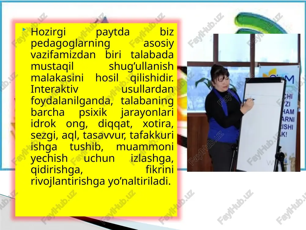 igan talaba qog’ozni keyingisiga uzatib ruchkani o’zida olib qoladi. javob variantlari yozilgan qog’oz o’qituvchiga beriladi va birgalikda muhokama qilinadi. bu metodda o’qituvchi mashg’ulotga kim tayyor, kim tayyor emasligini ko’rib turadi. masalan: tarbiya usullarini belgilab bering. yoki temperament turlari va ularning asosiy xususiyatlarini ko’rsating. “ruchka stol o’rtasida” metodi. kichik guruhlarga 1 ta muammo taklif etiladi. har 1 guruh 10 min davomida o’z fikrlarini yozadida, javob yozilgan varaqlarni 2 chi guruh bilan almashtiradi. keyingi guruh oldingi guruhning javoblarini baholashi va javob to’liq bo’lmasa, o’z javobi bilan tuldirishi kerak. masalan: kadrlar tayyorlash milliy dasturi va uning bosqichlari. javoblar yozib bo’lingach, varaqlar doskaga osib qo’yiladi va birgalikda muhokama qilinadi. “galereyani aylanish” metodi. guruh 2 komandaga bo’linadi, har biriga vaziyatga oid topshiriq beriladi, masalan: “pedagog - talaba muloqoti”. bunda 1chi guruh muloqotning salbiy tomonlarini tahlil qiladi - ya’ni “prokurorlar”. 2 chi gurux vaziyatning ijobiy tomonlarini izohlab beradi. vaziyatga oid topshiriq yoki rolli o’yinni muhokama qilish …