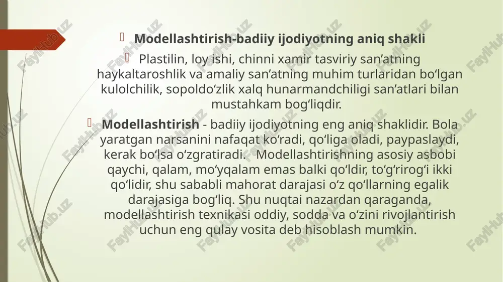 echa bo‘lakka bo‘lishga o‘rganadilar - masalan, qushni yasashda yuqoridagilardan tashqari idishlar yasashga o‘rganadilar. ular idishlarni yakka usulda: ya’ni yumaloqsimon va silidrsimon shakllarni barmoq bilan bosib chuqurcha hosil qilish, bandini esa alohida loy bo‘lagidan yoki asosiy loy bo‘lagidan cho‘zib chiqarib yasash mumkin. bolalar olgan bilim va malakalarni o‘stirib mustahkamlaydilar. bolalar tarbiyachi bilan birga tipratikan, sichqon, meva solingan idishcha, qo‘ziqorin solingan savatcha kabilarni ham loydan yasashga o‘rgatib boradi. bolalar boshlagan ishlarini oxiriga yetkazishga mustaqil ishlashga, o‘z ishlarini yangi qismlar bilan boyitib borishga o‘rganadilar. kombinatsiyalashgan uslub bu uslub ikkita uslubni o‘z ichiga oladi: konstruksiyalash va haykaltaroshlik uslublaridir. bola hayotining 6-chi yilida uning tevarakatrof haqidagi bilimlari, turmush tajribasi kengaya boradi. uning qo‘l muskullari mustahkamlanib taraqqiy etadi. u ko‘l barmoqlari bilan nozik harakatlarni bajara oladigan bo‘ladi. uning psixikasida ham sifat o‘zgarishi yuz beradi. xotirasi o‘sadi, barqaror bo‘ladi, diqqat ham tobora barqaror bo‘ladi. bolalar oldin predmetni yasashda uning qismlarini va qismlarning shakli, uning xususiyatlarini aniq tasavvur …