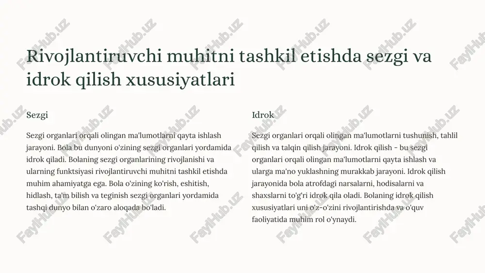 o'shiq aytish va boshqalar. 5 rivojlantiruvchi muhitni tashkil etishda bolaning tafakkur xususiyatlari bolalarning tafakkur xususiyatlari rivojlantiruvchi muhitni tashkil etishda muhim rol o'ynaydi. bolalarning tafakkuri tez o'zgaradi, ular yangi ma'lumotlarni osonlikcha qabul qiladilar va o'zlashtiradilar. shuningdek, bolalar o'ziga xos o'ziga xos tafakkur uslubiga ega, ular o'zlarining dunyoqarashini shakllantirishda yangi tajribalarni qo'llaydilar. muammoni hal qilish bolalar muammoni hal qilishda o'ziga xos uslublarni qo'llaydilar. ular o'zlarini hayolga berishadi, o'zlarini qiziqtirgan narsalarni o'rganishga harakat qiladilar. ularning fikrlashi yaratilgan muhitdan va o'zlarining tajribalaridan kelib chiqadi. hayol va ijodiylik bolalar hayol va ijodiylikda o'zlarining tafakkur xususiyatlarini namoyon qiladilar. ular o'zlarining o'yinlarida, chizmalarida va hikoyalarida o'z hayol dunyosini yaratadilar. bu ularning ijodiy qobiliyatlarini rivojlantirishga va o'zlarini ifoda etishga yordam beradi. mantiqiy fikrlash bolalar mantiqiy fikrlashni o'zlashtiradi, ular o'zlarining harakatlarini va fikrlarini tahlil qilishadi, sabab va oqibatlarni anglab etishadi. rivojlantiruvchi muhit bu jarayonni qo'llab-quvvatlashi va bolalarni muammoni hal qilishning turli usullarini o'rganishga yordam berishi kerak. 6 rivojlantiruvchi muhitni …