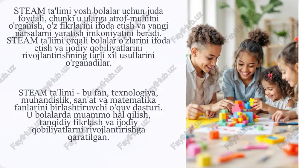 oyihalari maktabgacha yoshdagi bolalarda ijodiy fikrlash, muammolarni hal qilish va o'z-o'zini ifoda etish qobiliyatlarini rivojlantirishga yordam beradi. ushbu loyihalar turli-tuman fanlarni birlashtirib, bolalarni qiziqarli va amaliy faoliyatga jalb qiladi. masalan, bolalar o'z qo'llari bilan o'yinchoqlar yaratish, rangli qog'oz va qaychi yordamida san'at asarlari yaratish yoki oddiy materiallar yordamida model qurish orqali steam loyihalarida ishtirok etishlari mumkin. bu jarayonda ular turli-tuman bilimlarni o'zlashtiradilar va shu bilan birga, ularning badiiy-estetik didlari shakllanadi. 8 tabiat va san'atni birlashtirish steam ta'limi bolalarni atrof-muhit bilan chambarchas bog'lashga imkon beradi. tabiatni kuzatish, o'simliklar va hayvonlar haqida ma'lumot olish ularning estetik didini shakllantirishda muhim rol o'ynaydi. masalan, bolalar bog'da gullarni kuzatib, ularning ranglarini, shakllarini, hidi va tuzilishini taqqoslab, o'zlarining tasavvur qobiliyatlarini rivojlantirishlari mumkin. tabiatda kuzatilgan ranglar, shakllar va tovushlar keyinchalik bolalarning rasmlarini chizishda, qo'shiq kuylashda yoki o'yinchoqlar yaratishda ishlatilishi mumkin. 9 texnologiya va dizaynni integratsiya qilish lego bloklari bilan yaratish bolalar lego bloklari bilan o'zlarining xayoliy uylarini, …