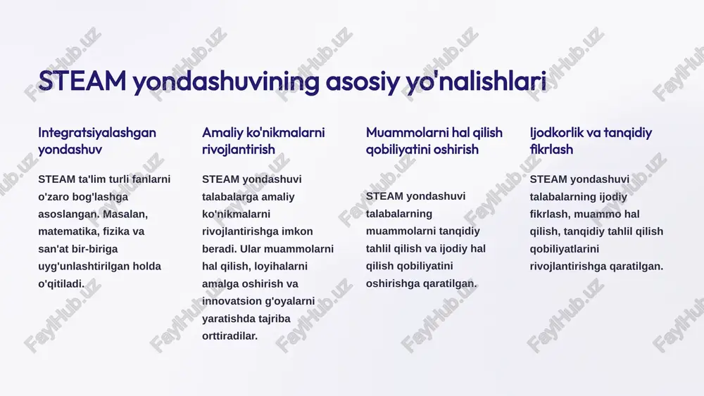 namuna singapur steam ta'limni standartlashtirishda muhim rol o'ynaydi. u steam ta'limni maktablarda o'rgatish uchun aniq dasturlar va ko'rsatmalar ishlab chiqdi. singapur davlat steam ta'limi mukammalligi bilan tanilgan, bu talabalarning bilim, ko'nikma va qobiliyatlarini rivojlantirishga qaratilgan. 8 xitoy - steam ta'limni integrasiyalashtirishda avangard xitoy steam ta'limni milliy ta'lim tizimiga keng miqyosda integratsiya qilishda faol ish olib bormoqda. xitoy maktablari steam ta'limi asosida o'quv dasturlarini ishlab chiqmoqda, o'qituvchilarni malaka oshirish dasturlarini amalga oshirmoqda. xitoyda steam markazlari, laboratoriyalari va muzeylari ochilmoqda. bu steam ta'limni rivojlantirish uchun muhim shart-sharoit yaratadi. 9 yaponiya - steam ta'limining yuqori samaradorligi yaponiya steam ta'limi yuqori samaradorligiga ega. bu mamlakat steam dasturlarining sifatini oshirishga va o'quvchilarning steam sohasida bilim va ko'nikmalarini rivojlantirishga qaratilgan. yaponiya steam ta'limi o'quvchilarning muammolarni hal qilish qobiliyatini oshirishga, ularni ijodiy va innovatsion fikrlashga undashga qaratilgan. 10 steam ta'limini yetukligi va samaradorligi uchun zarur shart-sharoitlar 1 1. zamonaviy o'quv resurslari steam ta'limi uchun maxsus mo'ljallangan o'quv …