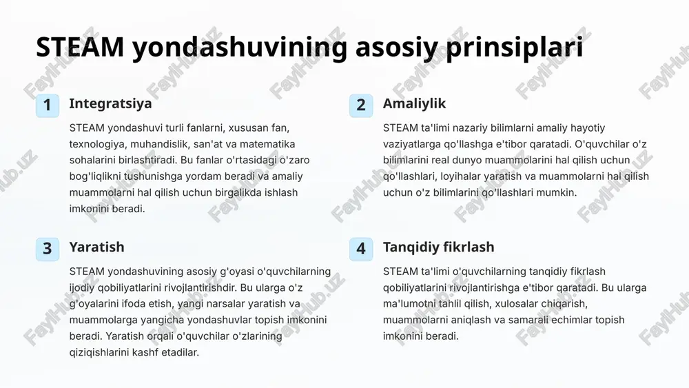 to'liq ro'yobga chiqarishga undaydi. 5 steam yondashuvining o'ziga xos xususiyatlari: germaniya tajribasi germaniyada steam yondashuvi texnologiya va muhandislikka e'tibor qaratadi. o'quvchilar turli texnologiyalar, masalan, 3d-bosma va robot texnikasi bilan tanishadilar. steam dasturlari germaniyadagi maktablarda mashhur, ayniqsa, kasb-hunar o'qitish sohasida. germaniyadagi steam yondashuvi amaliy ko'nikmalarni rivojlantirishga qaratilgan. o'quvchilar loyihalarni ishlab chiqish va ularni amalga oshirish orqali o'zlarining bilim va ko'nikmalarini qo'llaydilar. bu yondashuv o'quvchilarga turli kasb-hunarlarni tanlashda yordam beradi. 6 steam yondashuvining o'ziga xos xususiyatlari: yaponiya tajribasi amaliy mashg'ulotlarga e'tibor yaponiya ta'lim tizimida steam yondashuvi amaliy mashg'ulotlarga e'tibor qaratadi. o'quvchilar turli xil loyihalar va tajribalar orqali nazariy bilimlarni amalda qo'llash imkoniyatiga ega bo'ladilar. texnologiya bilan integratsiya yaponiya ta'lim tizimida texnologiya o'qitishning ajralmas qismidir. o'quvchilar robototexnika, dasturlash va boshqa texnologiyalarni o'rganish orqali muammolarni hal qilish ko'nikmalarini rivojlantiradilar. innovatsion loyihalarni qo'llab-quvvatlash yaponiya steam ta'limi o'quvchilarning innovatsion g'oyalarini yaratish va rivojlantirishga qo'llab-quvvatlashga e'tibor qaratadi. maktablar turli xil loyiha tanlovlari va tadbirlarini o'tkazib, o'quvchilarning ijodkorligini …
