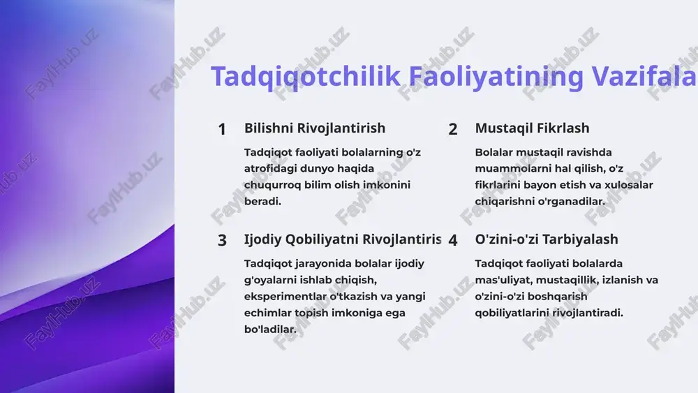 'ektlarning xususiyatlarini aniqlash va ularning o'zaro munosabatlarini tushunishni o'rganadilar. bu tadqiqot jarayonida muhim rol o'ynaydi, chunki ular kuzatilgan ma'lumotlarga asoslanib xulosalar chiqaradilar. kuzatish turlari kuzatish turlari, masalan, tizimli, bevosita, bilvosita, rejalashtirilgan va tasodifiy bo'lishi mumkin. har bir tur o'ziga xos xususiyatlarga ega va tadqiqot maqsadlari va sharoitlariga qarab tanlanadi. 8 bolalarning tadqiqotchilik faoliyatida savol berish usuli savol berish usuli savol berish, bolalarning tadqiqotchilik faoliyatini rag'batlantirish va rivojlantirishda muhim rol o'ynaydi. bu usul bolalarni o'z atrofidagi dunyo haqida o'ylashga, kuzatishga va bilishga undaydi. savol turlari bolalarga ochiq, yopiq, boshqarilgan va erkin savol berish turlari qo'llanilishi mumkin. ochiq savol bolalarning o'z fikrlarini erkin ifoda etishga imkon beradi, yopiq savol esa aniq javob talab qiladi. 9 bolalarning tadqiqotchilik faoliyatida eksperiment usulidan foydalanish 1 1. ta'lim maqsadlari eksperiment bolalarda bilimlarni chuqurlashtirish va mustaqil fikrlashni rivojlantirishga yordam beradi. 2 2. qo'llanma bolalar o'zlarining gipotezalarini sinash, ma'lumot to'plash va tahlil qilish uchun eksperiment o'tkazadilar. 3 3. …