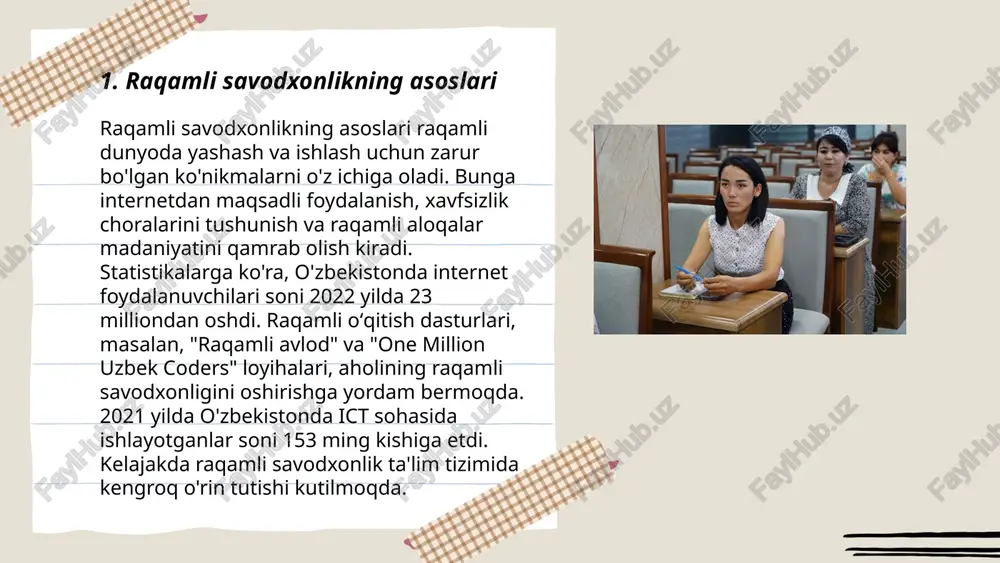 muhim ahamiyatga ega. o'zbekistonda internet foydalanuvchilari soni 2023-yilda qariyb 27 millionga etdi. aholining 58 foizi raqamli vositalardan foydalanmoqda. raqamli savodxonlik darajasini oshirish maqsadida 2022 yilda 500 ta maktabda maxsus kurslar tashkil etildi. foydalanuvchilar orasida 70 foizi ijtimoiy tarmoqlardan foydalanadi. shu bilan birga, kiberxavfsizlik masalalari ham muhim bo'lib, 2023-yilda o'zbekistonda 600 dan ortiq kiberhujum qayd etilgan. raqamli madaniyatni rivojlantirish orqali mamlakat iqtisodiyoti va tafakkuri yuksalishda davom etmoqda. ... t.me/slaydai_bot 7. elektron pochta axloqi elektron pochta axloqi, odatda, professional va samarali muloqot uchun qoidalar to'plamini o'z ichiga oladi. avvalo, aniq va tushunarli mavzu satridan foydalanish zarur. formal tilga e'tibor berib, haqorat yoki samimiy bo'lmagan iboralardan qochish kerak. elektron pochta matnida qisqalik va konkretlik asosiy o'rinda bo'lishi lozim. bundan tashqari, yozish vaqti ham muhim: odatda ish vaqtida, soat 9:00 dan 18:00 gacha yozish tavsiya etiladi. javob kutish muddati odatda 24-48 soatni tashkil etadi. muhim hujjatlar ilova qilinganligiga ishonch hosil qilish kerak. to'g'ri imzodan …