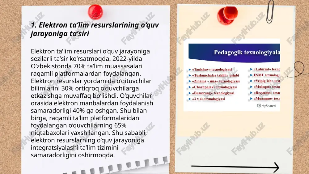 interaktiv ta'lim platformalari hozirgi kunda steam (fan, texnologiya, muhandislik, san'at va matematika) ta'limining ajralmas qismiga aylangan. ushbu platformalar orqali o'quvchilar birgalikda loyihalar ustida ishlashlari, real vaqtda fikr almashishlari va muammolarni hal qilishlari mumkin. ta'limda interaktiv dasturlardan foydalanish 72% ga o'quvchilarning qiziqishini oshirishi aniqlangan. 2022-yilda o‘zbekistonda interaktiv taʼlim platformalaridan foydalanish 58% ga oshgan. mathletics va scratch kabi platformalardan foydalanish bolalarga dasturlash va matematikani qiziqarli tarzda o'rganishga yordam bermoqda. shu bilan birga, ushbu texnologiyalar nafaqat shaxsiy, balki guruhli ta'lim jarayonlarini ham rivojlantiradi. ... t.me/slaydai_bot 7. virtual laboratoriyalar va steam fanlarida ularni qo‘llash virtual laboratoriyalar steam fanlarida (science, technology, engineering, arts, mathematics) ta'lim samaradorligini oshirish uchun keng qo'llanilmoqda. ular o'quvchilarga tajribalarni xavfsiz va interaktiv tarzda o'tkazish imkonini beradi. masalan, virtual kimyo laboratoriyalari bilan o'quvchilar modda reaksiyalarini real vaqt rejimida kuzatishlari mumkin. jahon banki ma'lumotiga ko'ra, virtual laboratoriyalar bilan ta'lim olgan o'quvchilar o'zlashtirish darajasi 15-20% ga yuqorilashi mumkin. steam loyihalarida integratsiya asosida ishlash ko'nikmalari …