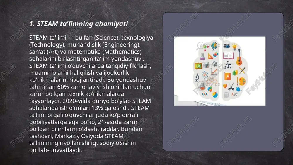 t (ar) texnologiyalari o‘quv jarayonlarining 40% da qo‘llanilmoqda. 2023 yilda kodlash mashg‘ulotlariga qatnashayotgan o‘quvchilar soni 30% ga oshdi. steam ta'lim dasturlari sog‘liqni saqlash, muhandislik va ijodiy sohalarda yangi imkoniyatlar yaratmoqda. ... t.me/slaydai_bot asosiy fanlar (fan, texnologiya, injiniring, san'at, matematika) ta’lim sohasi uzoq davom etgan evolyutsiya natijasidir. fan sohasi insonga tabiatni o'rganishda asosiy rol o'ynaydi. texnologiya esa zamonaviy dunyoda har kuni rivojlanyapti, masalan, 2020-yilda global raqamli texnologiyalar bozori 3,9 trillion aqsh dollariga yetdi. injiniring sohasida, 2019-yilda 46% muhandislik bitiruvchilari ish bilan ta'minlandi. san'atning iqtisodiy qiymati esa 2018-yilda aqshda 877 milliard dollarni tashkil qildi. matematika esa barcha ilmiy sohalarning poydevoridir, global miqyosda ilmiy tadqiqotlarda uni qo'llash 70%dan ortiqdir. bu beshta yo'nalish birgalikda jamiyat rivojlanishini qo'llab-quvvatlaydi. ... t.me/slaydai_bot 7. steam ta'limida ilg'or pedagogik usullar steam ta'limida ilg'or pedagogik usullar zamonaviy texnika, muhandislik, san'at va matematika fanlarini integratsiyalashgan holda o'rgatishni maqsad qilgan. ushbu usullar o'quvchilarni 21-asr ko'nikmalariga ega bo'lishlariga yordam beradi. masalan, loyiha bazlidagi …