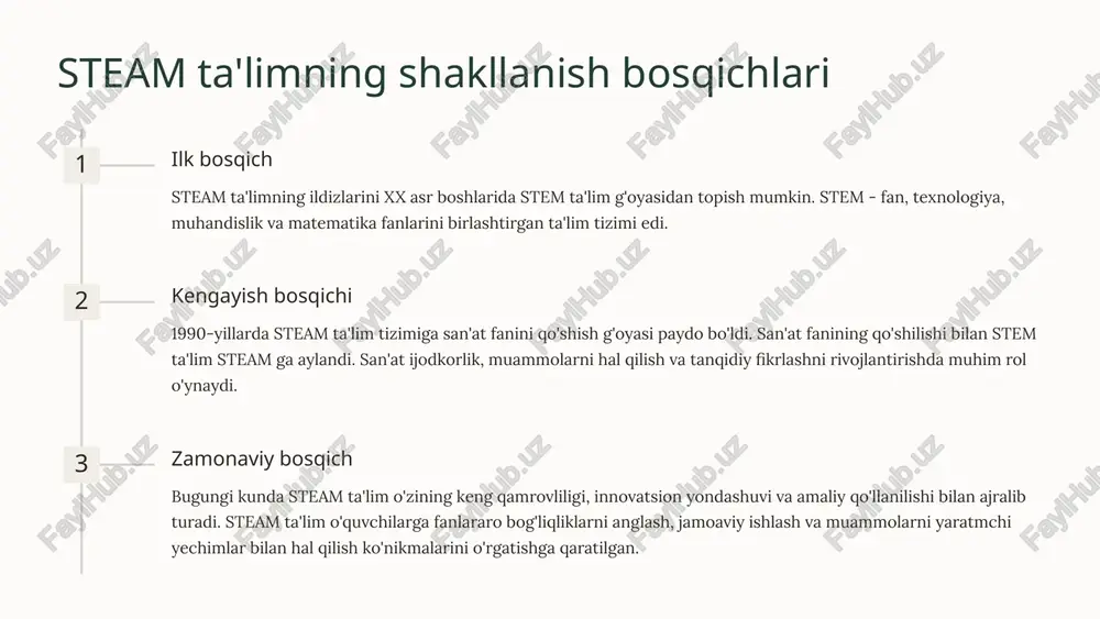 bu ko'nikmalar o'quvchilarga hayotdagi turli sohalarda muvaffaqiyatga erishishga imkon beradi. ijtimoiy va iqtisodiy taraqqiyotni rag'batlantirish steam ta'limi mamlakatning ijtimoiy va iqtisodiy taraqqiyotiga ijobiy ta'sir ko'rsatadi. steam sohalaridagi malakali mutaxassislar talabi doimo o'sib bormoqda. 5 steam ta'limni qo'llashning afzalliklari o'quvchilarning ijodiy qobiliyatini rivojlantirish steam ta'limi o'quvchilarga muammolarni hal qilishda ijodiy yondashuvni rivojlantirishga imkon beradi. ular turli xil fanlarning bilimlarini birlashtirib, o'zlarining echimlarini yaratadilar. steam ta'limi o'quvchilarning muammoga yondashish, xatolardan saboq olish va o'zlarini ifoda etish qobiliyatlarini oshiradi. tanqidiy fikrlash va muammo hal qilish qobiliyatini rivojlantirish steam ta'limi o'quvchilarni tanqidiy fikrlashga, muammolarni tahlil qilishga va ijodiy echimlarni topishga o'rgatadi. ular o'zlarining fikrlarini asoslab berish, ma'lumotlarni tahlil qilish va qarorlar qabul qilish qobiliyatini oshiradi. 6 steam ta'limini amaliyotga tadbiq etishning xorijiy tajribasi xorijiy mamlakatlarda steam ta'limi keng qo'llanilmoqda. aqsh, buyuk britaniya, kanada va boshqa mamlakatlardagi maktablarda steam ta'limi dasturlari ishlab chiqilgan va muvaffaqiyatli amalga oshirilmoqda. masalan, aqshda "stem" ta'limi o'quv dasturiga kirgan, va …