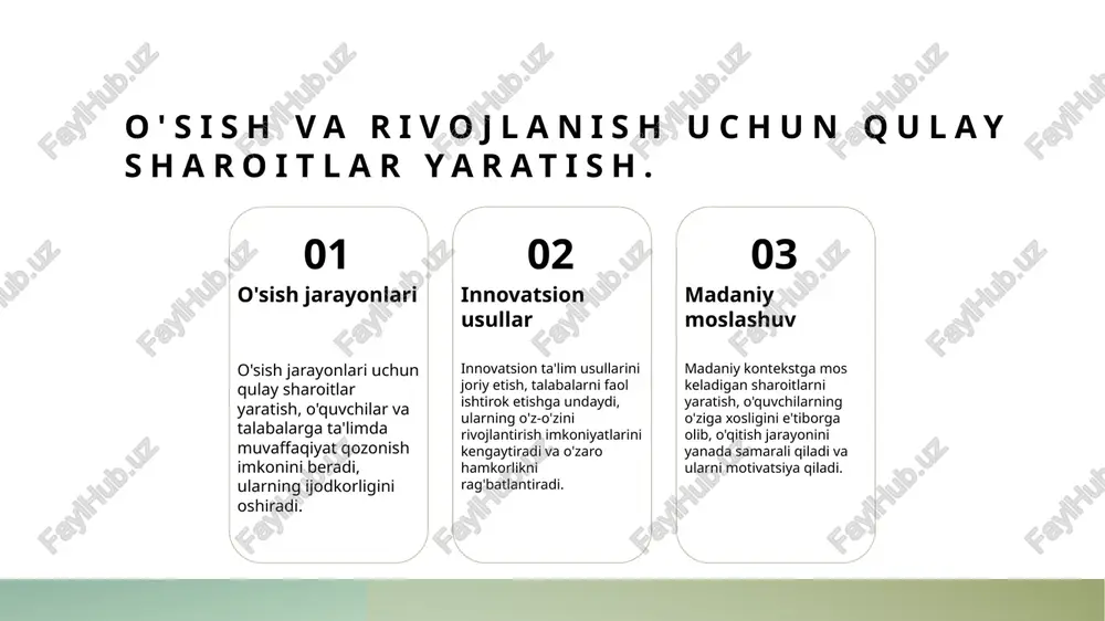 ijodkorlikni rag'batlantiradi. o'quv jarayonida o'zaro ta'sir va hamkorlikning roli. 01 o'zaro ta'sir o'zaro ta'sir o'quv jarayonida bilim almashish va fikrlar orqali o'quvchilar o'rtasida o'zaro bog'lanishni kuchaytiradi, bu esa o'qishni samarali qiladi. 02 hamkorlik ahamiyati hamkorlik ta'lim jarayonida guruh ishlari orqali tajriba almashish imkonini beradi, bu esa o'quvchilarning ko'nikmalarini rivojlantiradi va ijodkorlikni oshiradi. 03 ijtimoiy muhit ijtimoiy muhit o'quv jarayonida o'zaro ta'sirni va hamkorlikni kuchaytiradi, bu esa o'quvchilarning o'zaro do'stlik va qo'llab-quvvatlashini ta'minlaydi. madaniy kontekstda o'qitishning samarali usullari. 01 madaniy qadriyatlar o'qitishda madaniy qadriyatlarni inobatga olish, talabalar uchun o'ziga xos muhit yaratadi va ularda o'zligini anglashni rivojlantiradi. 02 mahalliy misollar mahalliy tarix va madaniyatga asoslangan ta'lim usullari, talabalar uchun ko'proq mantiqiy va qiziqarli bilimlarni taqdim etadi, ularning motivatsiyasini oshiradi. 03 hamkorlik va muloqot ta'lim jarayonida talabalar o'rtasidagi hamkorlikni rivojlantirish, madaniy o'zaro ta'sirni kuchaytiradi va o'qitishning samaradorligini oshiradi. o'sishni rag'batlantiruvchi motivatsiya va uning ahamiyati. o'sish motivatsiyasi o'sish motivatsiyasi - insonning o'z maqsadlariga …