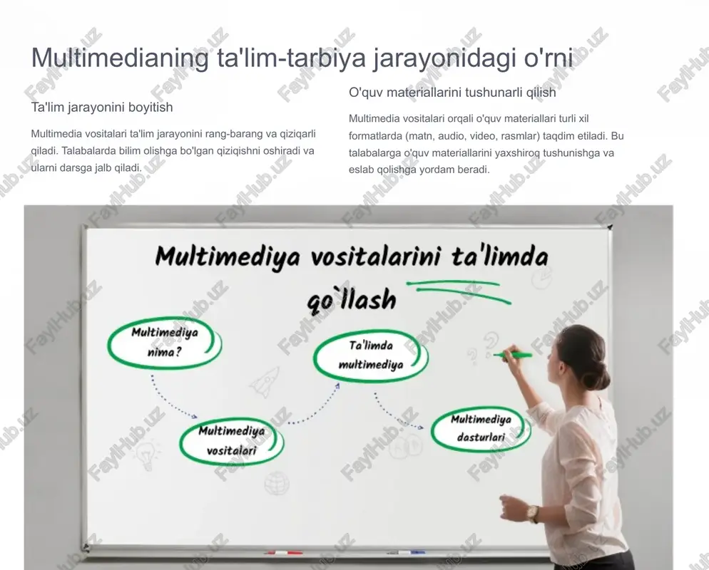 yaratish yoki o'zlarining taqdimotlarini tayyorlash mumkin. multimediya vositalaridan foydalanishning dars jarayonidagi roli 1 ta'lim mazmunini boyitish turli xil multimedia vositalari (video, audio, rasmlar) yordamida dars mazmunini yanada boyitish mumkin. 2 talabalarning faolligini oshirish multimedia vositalari talabalarning darsda faol ishtirok etishiga va ularning qiziqishini saqlab qolishga yordam beradi. 3 o'qitish uslubini diversifikatsiya qilish multimedia vositalari dars berish uslubini diversifikatsiya qilish va turli xil o'rganish uslublariga moslashish imkonini beradi. multimediya vositalaridan foydalanish orqali talabalarda mustaqil fikrlash ko'nikmalarini rivojlantirish ma'lumot qidirish talabalar internet va multimedia vositalari orqali mustaqil ravishda ma'lumot qidirishni o'rganishlari mumkin. muammolarni hal qilish multimedia vositalari talabalarga muammolarni hal qilishda yordam berishi mumkin. ular o'zlarining bilimlarini mustaqil ravishda qo'llashlari va echimlarni topishlari mumkin. taqdimot qilish talabalar multimedia vositalari orqali o'zlarining g'oyalarini va bilimlarini taqdim etishni o'rganishlari mumkin. bu esa ularning mustaqil fikrlash va o'z fikrlarini ifoda etish qobiliyatini rivojlantiradi. multimediya vositalarining ta'lim-tarbiya samaradorligini oshirishdagi ahamiyati multimedia vositalari ta'lim-tarbiya samaradorligini oshirishda muhim …