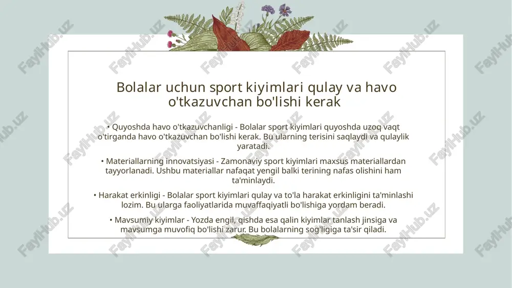 birlariga yordam berishlari uchun yaxshi muhit yaratadi. • ta'limiy o'rin - sport maydonchalari bolalarga jismoniy tarbiya jarayonida muhim rol o'ynaydi. ular tanani rivojlantirish bilan birga, unumli o'qitishda ham yordam beradi. mashg'ulotdan keyin bolalarning kiyimlarini tezda o'zgartirish muhim • salomatlikni saqlash - mashg'ulotlardan so'ng bolalar terlaydi va ularning kiyimlari nam bo'ladi. bunday holat salomatlikka zarar yetkazishi mumkin. • moving va faoliyatda qulaylik - tezda kiyim o'zgartirish bolalarga yangi faoliyatda qulay bo'lishlarini ta'minlaydi. bu ularning harakat qobiliyatini yaxshilaydi. gigiena qoidalariga rioya qilish bolalarning salomatligini ta'minlaydi • tana gigienasi - bolalar uchun tana gigienasi muhim ahamiyatga ega. toza tanalar, kasalliklarning tarqalishini kamaytiradi. har kuni yuvinish va kiyimlarni tozalash bolalarga sog'liqni saqlashda yordam beradi. • ovqatlanish gigienasi - to'g'ri ovqatlanish gigienasi bolalar salomatligini ta'minlaydi. ovqatni tayyorlash va iste'mol qilishda qo'llarni to'g'ri yuvish zarur. bu oziq-ovqatdan keladigan kasalliklarni oldini oladi. • maktab va o'yin maydonlarida gigiena - maktab va o'yin joylarida gigienaga rioya qilish bolalarning …
