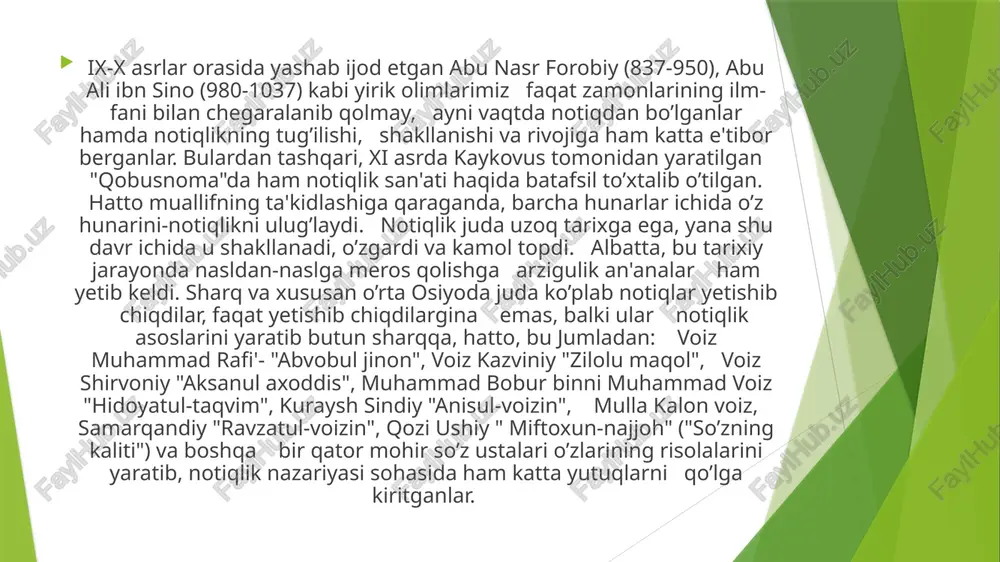 irshodni hurmat-ehtirom bilan kuzatib qo’ydilar, o’zbek xalqi orasida mavlono irshodga ham o’xshagan notiqlar juda ko’p bo’lgan. ulardan biri farg’onalik mashhur notiq qozi ushiy bo’lgan. u o’sh shahrida qozilik lavozimida ishlagani uchun qozi ushiy taxallusiga ega bo’ladi. u xalq o’rtasida juda katta obro’ga ega bo’ladi. yuqoridagi asarda yozilishicha, erondagi siiston viloyatining xalqi qattiq qo’lligi bilan dong chiqargan, hatto gadoyga ham non bermas ekanlar. qozi ushiy esa bu xalqning ko’ngil qulfini so’z kaliti bilan ochib yumshataman deydi. u siistonga borib, bir ikki hafta shu xalq ichida yuradi, ularning ruhiy holatini o’rgandi. shahar qozisidan ruxsat olib, juma kuni masjidi jomeda katta, nutq so’zlaydi notiq bilan baravar xalqning fig’oni falakka ko’tariladi. siiston xalqi topgan-tutganini minbar ostiga tashlaydi. lekin qozi ushiy nutqi uchun hech kimdan haq olmasligini aytadi, buni eshitgan xalq notiqni yanada e'zozlaydi. notiq, u xalqning xasis emasligini, aksincha oilyjanob ekanligini xalqning mehr xazinasini ochish uchun munosib kalit topa olish kerak ekanligini isbot etadi. …