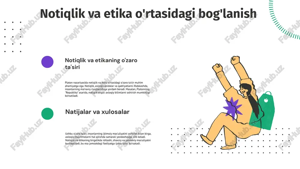 laydi. yana bir misol, "politeya" asarida platon, ideal jamiyatni ta'riflashda mantiqiy tahlil va dalillarni ishlatadi. bu misollar orqali platon, notiqlikning mantiqiy asoslarini va uning ta'limotidagi o'rnini kuchli ifodalaydi. platonning notiqlik ta'rifi notiqlikning o'rni platon notiqlikni, mantiqiy fikrlash va haqiqatni anglash jarayoni sifatida ta'riflaydi. ta'rif va izohlar u notiqlikni bilimni tarqatish va boshqalarga etkazish vositasi sifatida ko'radi. notiqlik va mantiqiy argumentlar platonning yondashuvi platon asarlarida notiqlik va mantiqiy argumentlar bir-biriga chuqur ta'sir ko'rsatadi. u notiqlikni so'zlarning san'ati sifatida ko'rishdan tashqari, mantiqiy fikrlash jarayoni sifatida ham talqin qiladi. mantiqiy argumentlar orqali notiq o'z fikrlarini aniq va tushunarli tarzda yetkazadi, bu esa auditoriyaning diqqatini jalb qilishga yordam beradi. misollar 1. 'apologiya' asarida, sokrat mantiqiy dalillardan foydalangan holda o'z oqlanishini keltiradi va haqiqatni aniqlik bilan tushuntiradi. 2. 'gipiyus' asarida, platon mantiqiy argumentlar orqali haqiqiy bilishga erishish jarayonini tasvirlaydi, bu orqali bilish va ishonch o'rtasidagi bog'lanishni ko'rsatadi. 3. 'davlat' asarida, platon ideal jamiyatni mantiqiy argumentlar …