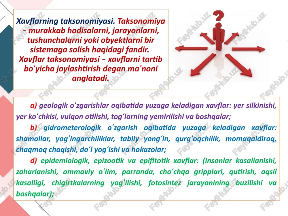 armonni to‘liq identifikatsiya qilmasdan turib, uni kasalga tavsiya etib bo‘lmaydi. jumladan, ampitsilin dorisi – uning tarkibi, kimyoviy tuzilishi va xususiyatlari isbotlanishi kerak. xavflar identfikatsiyasi biroz mushkulroq. bunda har bir xavfning kelib chiqish sabablari, xususiyatlari va oqibatlari o‘rganiladi. chunki har bir xavfning yuzaga kelishiga sabab bo‘luvchi omillar, salbiy oqibatlari, xavflilik va zarar keltirish darajalari bo‘ladi. xavflarni identifikatsiya qilishda, albatta, xavflarning nomenklaturasi aniq o‘rganilgan bo‘lishi lozim. chunki xavfning aniq turini, nomini bilmasdan turib, u keltiradigan talafotlarini, oqibatlarni o‘rganib bo‘lmaydi. demak, xavflarni o‘rganishdan xulosa qilsak, xavf-sabab-oqibat tushunchalari bir-biri bilan uzviy bog‘liqlikda bo‘ladi. uchala tushuncha ham ko‘ngilsiz hodisaning asosiy ko‘rsatkichlari hisoblanadi. ko‘ngilsiz hodisaning oqibatilari turli ko‘rinishda bo‘lishi mumkin. xavfsizlik faoliyat xavfsizligini ta’minlash tamoyillari, uslublari. ma’lumki, xavfsizlik – hayot faoliyati xavfsizligining asosiy o‘zagini tashkil etadi, u inson faoliyatining holati hisoblanadi. bu holatda insonlar ma’lum ehtimollikda yuzaga kelayotgan xavflarni bartaraf qilishga harakat qiladi. ammo hamma holatlarda ham xavflarni bartaraf qilish imkoniyati bo‘lmaydi. masalan, yong‘in xavfida: yong‘inning …