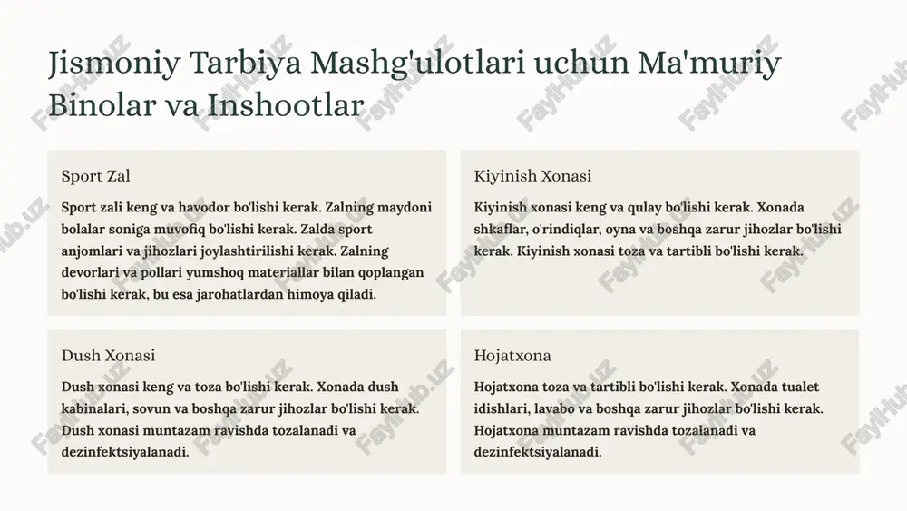 o'yiladigan talablar 1 qulaylik kiyimlar qulay bo'lishi kerak va bolaning tana harakatlarini cheklamasligi kerak. 2 nafas olish kiyimlar nafas oladigan materialdan tayyorlangan bo'lishi kerak, chunki bu bolaning terlashini va haddan tashqari isishiga to'sqinlik qiladi. 3 xavfsizlik kiyimlar xavfsiz bo'lishi kerak. ular bolaning terisiga tirnash xususiyati bermasligi kerak va bolaning harakatlanishini cheklamasligi kerak. 4 tozalik kiyimlar toza va tartibli bo'lishi kerak. ular mashg'ulotlardan keyin darhol almashtirilishi kerak. jismoniy tarbiya mashg'ulotlari davrida qo'llash uchun taalluqli sanitar-gigiyena qoidalari 1 mashg'ulotlar oldin bolalar qo'llarini sovun va suv bilan yaxshilab yuvishlari kerak. 2 mashg'ulotlar davomida bolalar terini muntazam ravishda artib turishlari kerak. buning uchun maxsus sochiqlar yoki salfetkalar ishlatilishi mumkin. 3 mashg'ulotlar tugagandan so'ng, bolalar terini sovun va suv bilan yaxshilab yuvishlari kerak. bu esa bolalarni ter va ifloslikdan tozalashga yordam beradi. 4 mashg'ulotlar davomida bolalar etarli miqdorda suv ichishlari kerak. bu esa bolalarni suvsizlanishdan himoya qiladi va organizmni normal ishlashiga yordam beradi. 5 mashg'ulotlar …