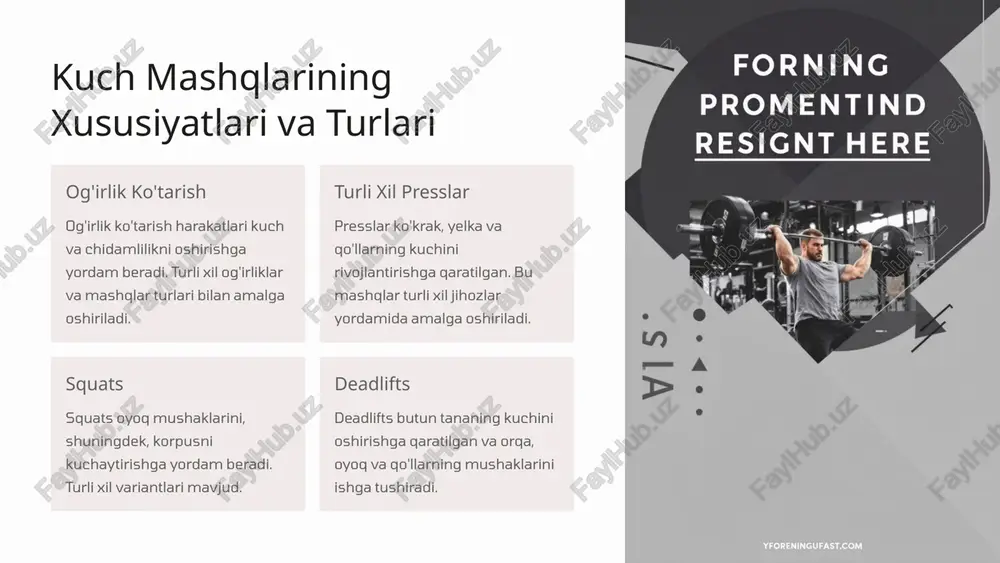 shqlarni muntazam bajarish muhim. 8 umumrivojlantiruvchi mashqlar majmuasini tuzishda inobatga olinishi kerak bo'lgan omillar 1 yoshi yoshga qarab mashqlarni tanlash kerak. 2 salomatlik holati salomatlik holati va mavjud kasalliklar mashqlar majmuasiga ta'sir qilishi mumkin. 3 jismoniy tayyorgarlik darajasi jismoniy tayyorgarlik darajasiga mos keladigan mashqlar tanlanishi kerak. 4 maqsadlar shaxsiy maqsadlar mashqlar majmuasini shakllantirishda hal qiluvchi ahamiyatga ega. 9 xulosa va tavsiyalar umumrivojlantiruvchi mashqlar tananing barcha guruhlarini bir vaqtning o'zida rivojlantirishga yordam beradi. ushbu mashqlar sizga kuch, tezlik, chidamlilik, egiluvchanlik va koordinatsiyani oshirishga yordam beradi. mashqlar majmuasini shakllantirishda individual maqsadlar, jismoniy tayyorgarlik darajasi va salomatlik holatini inobatga olish muhim. doimiy ravishda mashq qilish sizning umumiy salomatligingiz va farovonligingizni yaxshilashga yordam beradi. 10 image1.png image2.png image3.png image4.png image5.png image6.png image7.png image8.png image9.png image10.png image11.png image12.png image13.png image14.png image15.png image16.png image17.png image18.png forning promentind resignt here ghit way enmaring a ustrto up %k— wee your your dead here welde yoga framy study to …