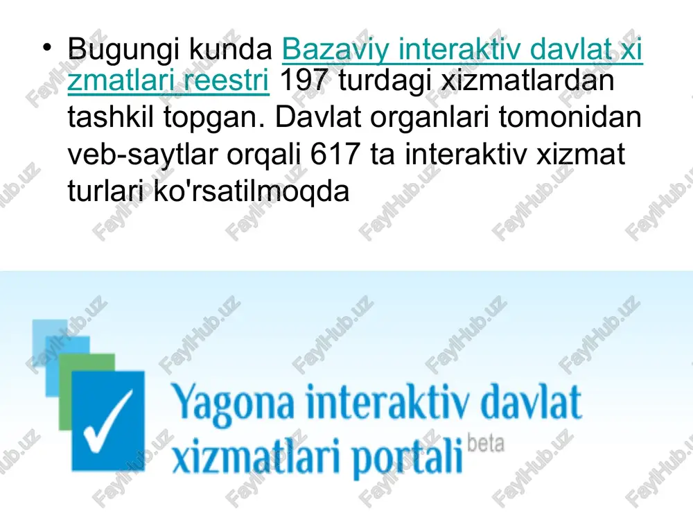 mon va qarorlari, vazirlar mahkamasi qarorlari va dasturlarining amaldagi ijrosi muhokama markazida bo'ldi. davlat boshqaruvida zamonaviy axborot kommunikatsiya texnologiyalaridan foydalanish axborot- kommunikatsiya texnologiyalari davlat boshqaruvida mamuriy islohotni amalga oshirmaydi, ular islohatlar uchun kuchli vosita bo’lib xizmat qiladi. shu bois > tizimini joriy etish jarayonlari davlat boshqaruvini isloh qilish umumdavlat strategiyasiga asoslanib amalga oshiriladi. bugun mamlakatimizda statistika hisobotlarining 93 foizi, soliq xisobotlari va bojxona rasmiylashtiruvining 98 foizi elektron tarzda to'ldirilmoqda. shuningdek, "elektron hukumat" tizimini ilg'or xalqaro tajribalar asosida rivojlantirish bugungi kunning ustivor vazifalaridan biriga aylangan. davlat bast x yy yagona int barcha xizmatlar ~ barcha tashkilotiar qisqa raqamlar tadbirkorlik yang abiturientlar uchun fugarolik i aloga va axborot texnologiyalari ri = arxiv bank va moliya xizmatlari 7 bojxona elchixona xizmatlari elektron to'loviar huquqiy ma'lumotlar barcha sohalar sy hits fmy.qov.uzjuzitype/19 . s3e1e2ee0be4f.doc >) @) kluckpdt - beosarpysmn.. * bityex| @ © @ ” gmai.au: nora, nove... | ge total commander 7.5... |[@ vagona …