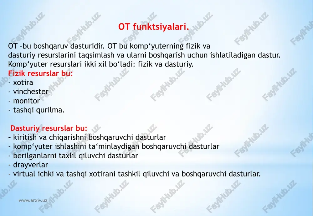 rxiv.uz 11. ko’p masalali rejim -bu bir vaqtning o‘zida bir necha masalaning parallel ishlashini ta‘minlash ko‘zda tutilgan. bunda bir masalaning natijasi ikkinchi masala uchun berilganlar majmuasini tashkil qilishi ham mumkin. ot yechilayotgan masalalarning bir-biri bilan bog‘liqligini rejalashtiradi va nazorat qilib boradi. ko‘p dasturli rejimdan farqli bu yerda barcha msalalar bo‘yicha parallel ishlash ko‘zda tutilgan. ko‘p masalali rejim faqat mul‘titizimda tashkil qilinadi. ot foydalanuvchi so‘rovini analiz qiladi va uni bajarilishini ta‘minlaydi. so‘rov ot tilida qabul qilingan buyruqlar ketma-ketligi ko‘rinishida bo‘ladi. ot so‘rovlarni turli rejimlarada bajarishi mumkin, shu sababli u quyidagi turlarga bo‘linishi mumkin: - paket rejimi tizimi; - vaqtni taqsimlash tizimi; - real vaqt tizmimi; - dialog tizimi. www.arxiv.uz paket rejimi- bu masalalar majmuasiga ishlov beruvchi sistema, ya‘ni bir yoki bir necha foydalanuvchi tomonidan tayyorlangan topshiriqlarni bajaruvchi tizim. vaqtni taqsimlash- bu bir vaqtning o‘zida bir necha foydalanuvchiga xizmat qilish va foydalanuvchiga o‘z masalasi bilan muloqot qilish imkonini beradi. real vaqt- tizim …