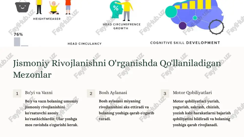 i, o'yin va ta'lim faoliyatida qatnashish darajasini baholash. 3 ota-onalar bilan hamkorlik ota-onalar bilan bolaning sog'lig'i va rivojlanishi haqida ma'lumot almashish, ularni bolaning jismoniy faolligi va sog'lom ovqatlanishiga jalb qilish. xulosa va tavsiyalar maktabgacha yoshdagi bolalarni jismoniy rivojlanishi ustidan tibbiy-pedagogik nazorat ularning kelajakdagi sog'lig'i va rivojlanishi uchun juda muhimdir. bu nazorat bolalarning jismoniy rivojlanishini erta bosqichda monitoring qilish, ularning sog'lig'ini saqlash va rivojlanishini optimallashtirishga yordam beradi. shu bilan birga, bolalarning jismoniy faolligi, sog'lom ovqatlanishi va to'g'ri uyqu rejimiga rioya qilishlari muhim ahamiyatga ega. image1.png image2.png image3.png image4.png image5.png image6.png image7.png image8.png image9.png image10.png image11.png image12.png image13.png heightnteaser head circumsfrence growth 76% head cimculancy cognitive skill development